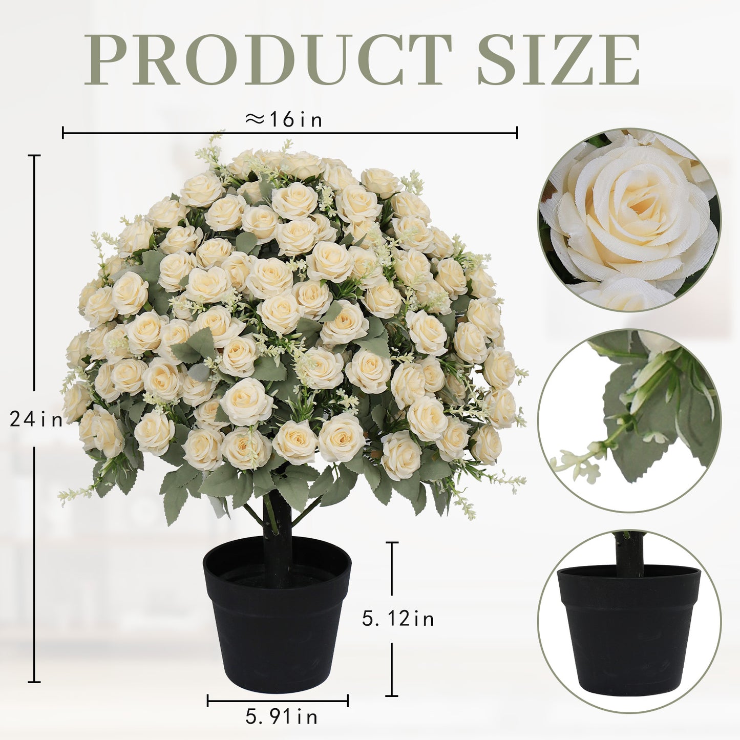 24-Inch Artificial Rose Plant - UV Resistant Faux Flowers in Pots
