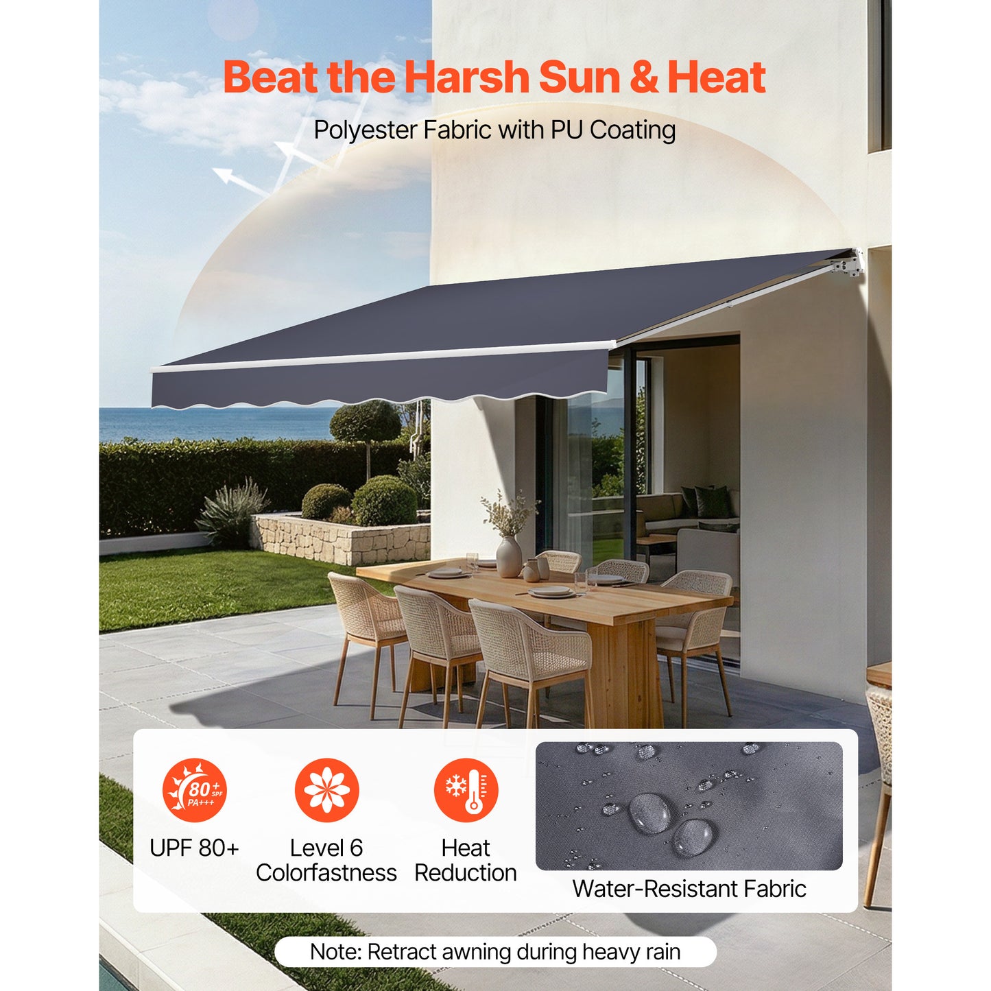 Retractable Patio Awning 13.1' x 9.8' Gray Water-Resistant Sun Shade with Crank