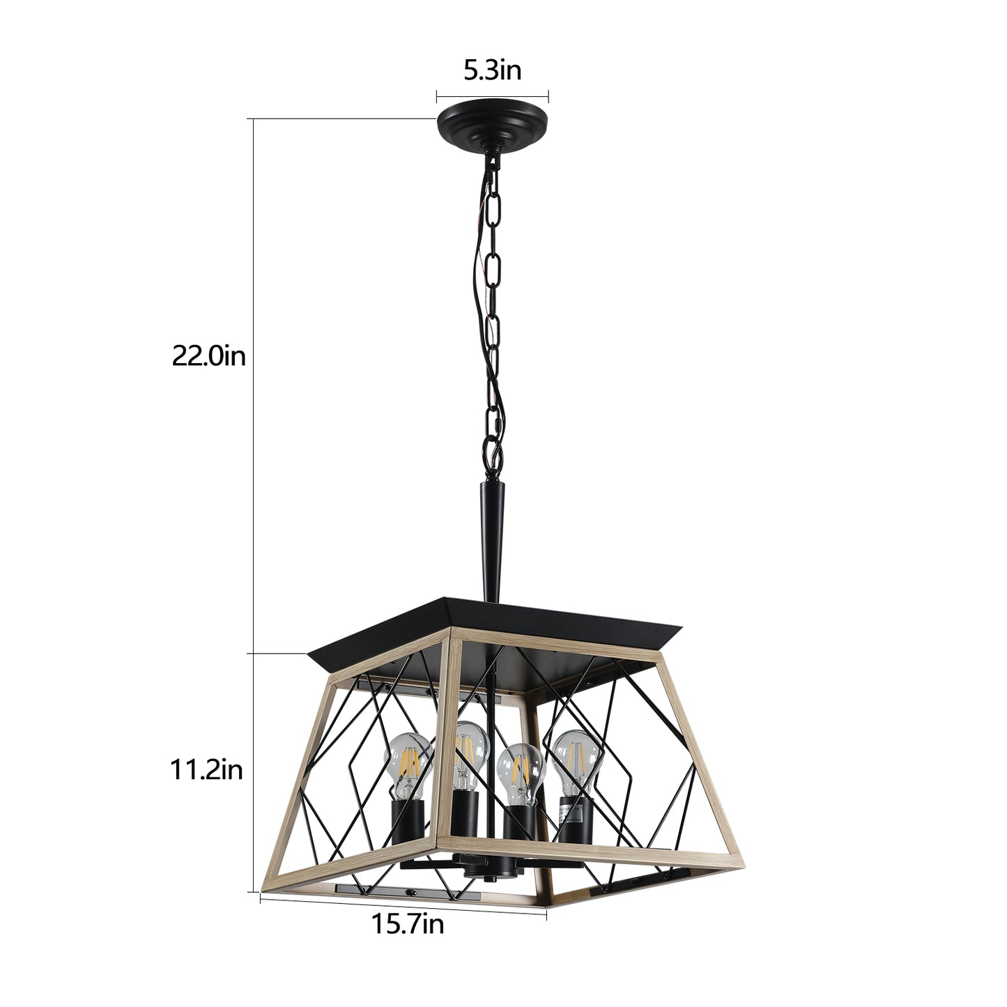 16-Inch Oak Industrial 4-Light Pendant Chandelier - Adjustable