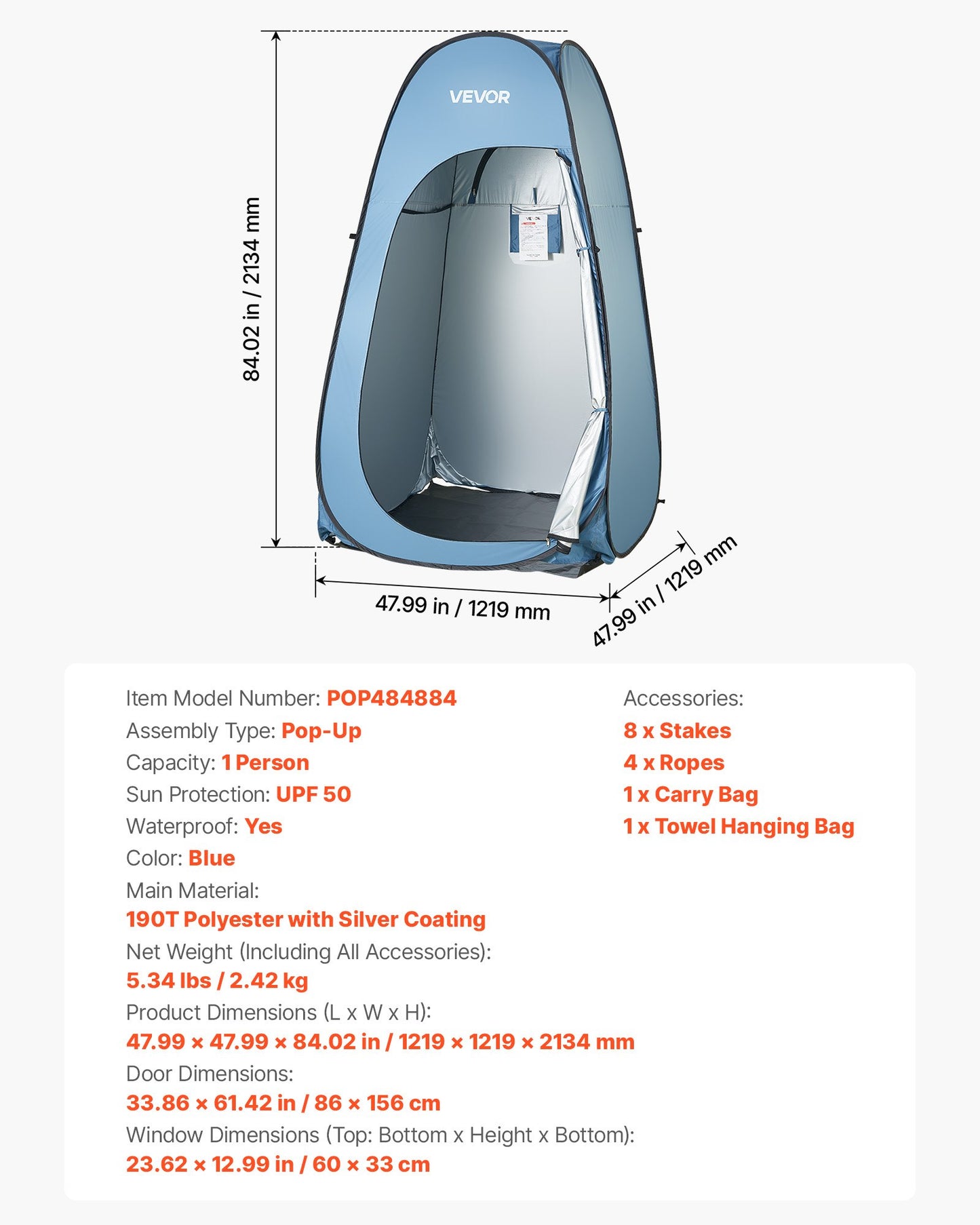 Portable Pop Up Shower Tent with Privacy Screen, Ground Stakes & Carry Bag