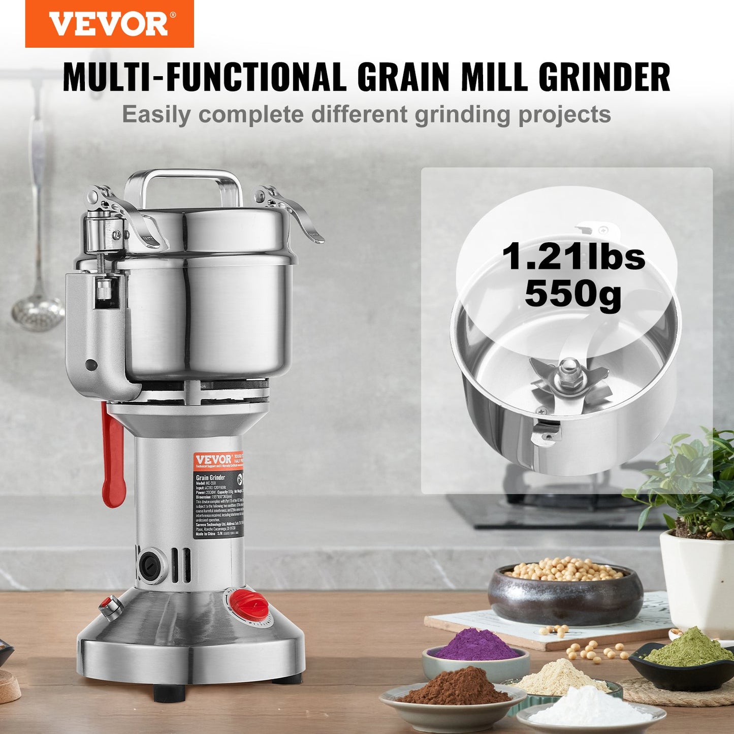 Electric Spice Grinder 550g High-Speed Grain Mill for Kitchen - Silver