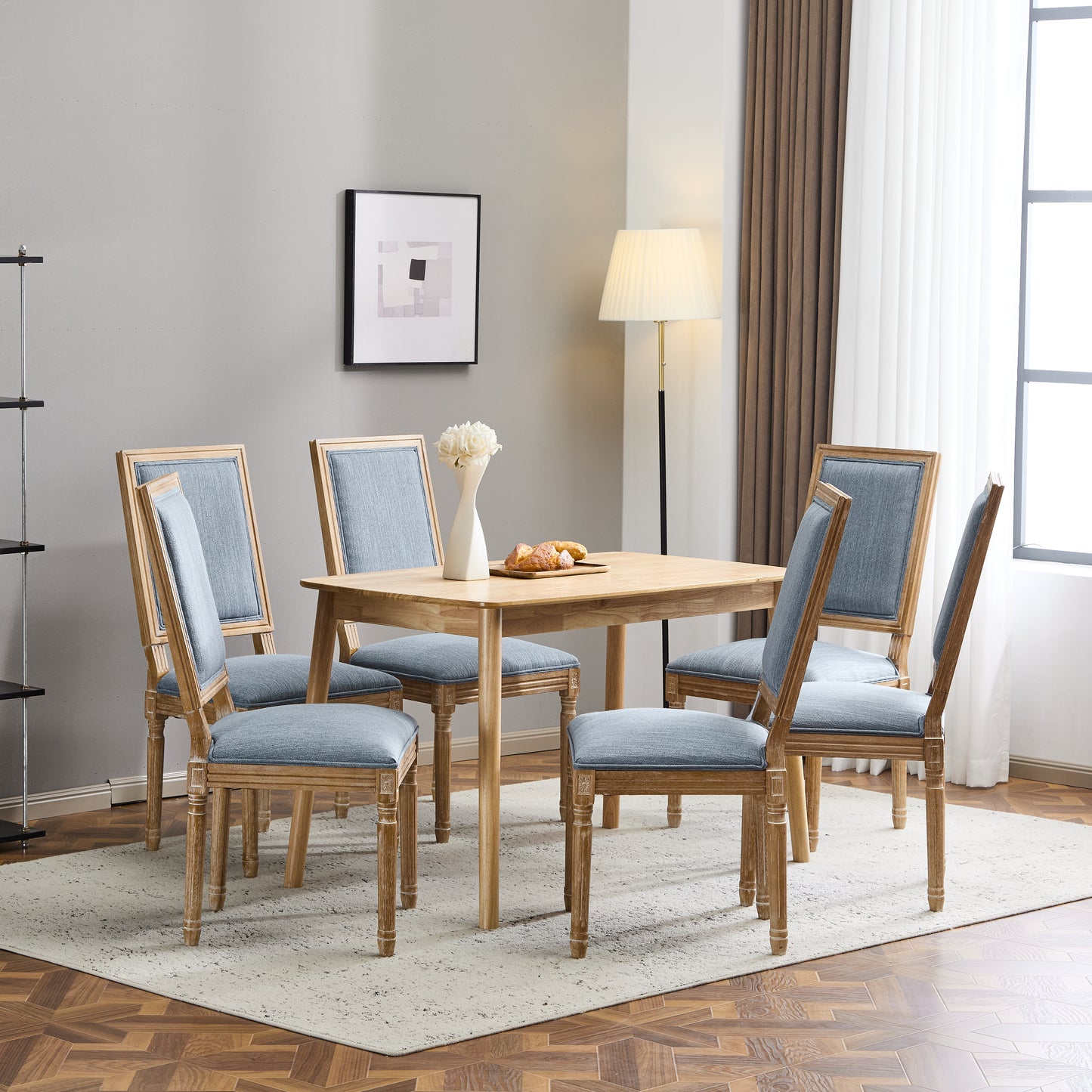 Set of 6 French Country Dining Chairs - Slate Blue Upholstered Seat
