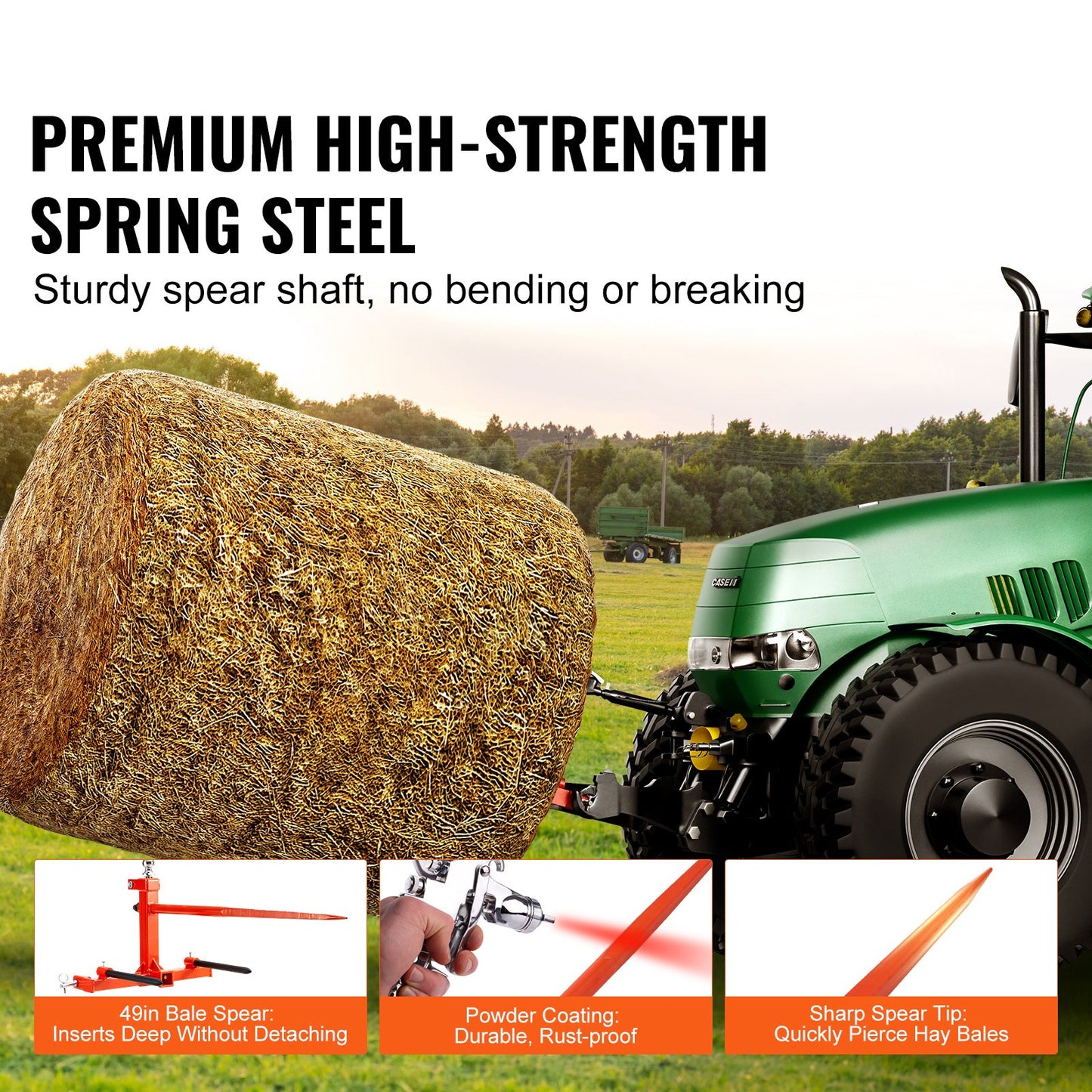 49-Inch Hay Spear Bale Fork with 1600 lbs Load Capacity for 3-Point Hitch Tractors - Red
