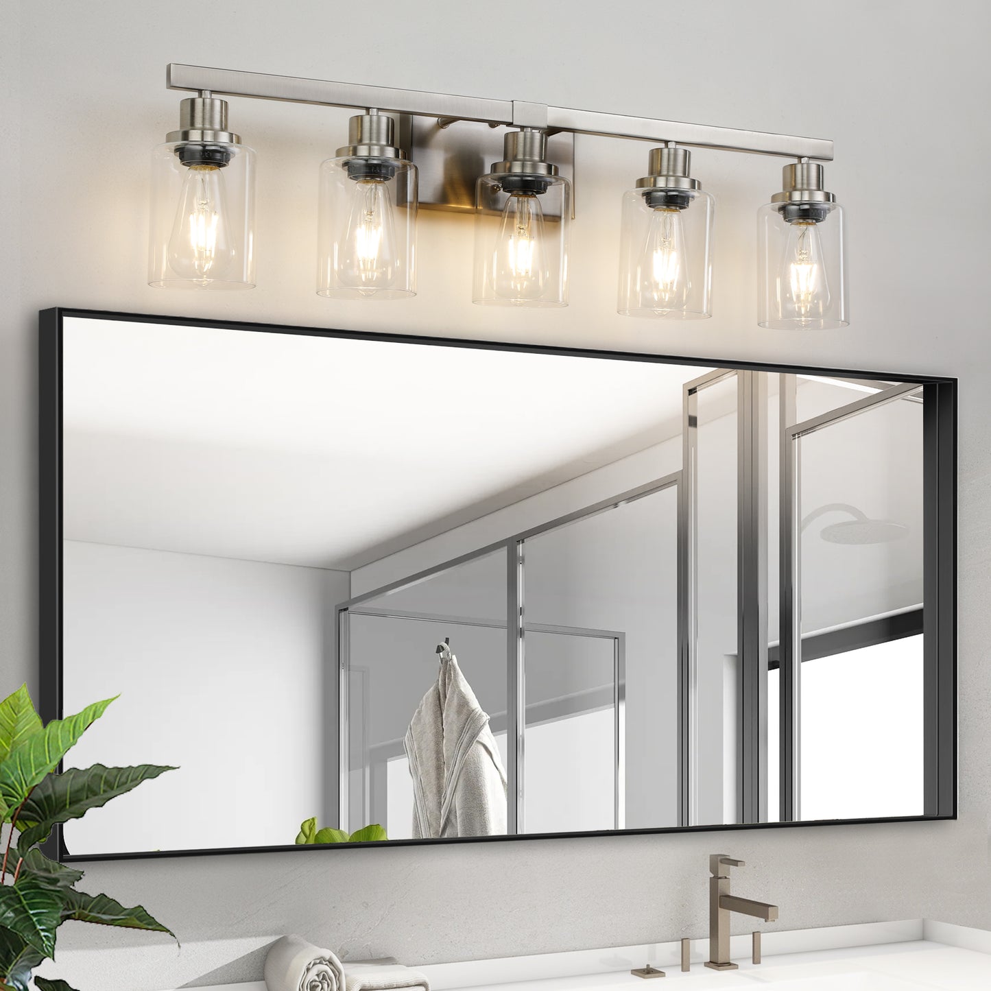 Modern 5-Light Bathroom Vanity Light Fixture - Brushed Nickel with Glass Shades