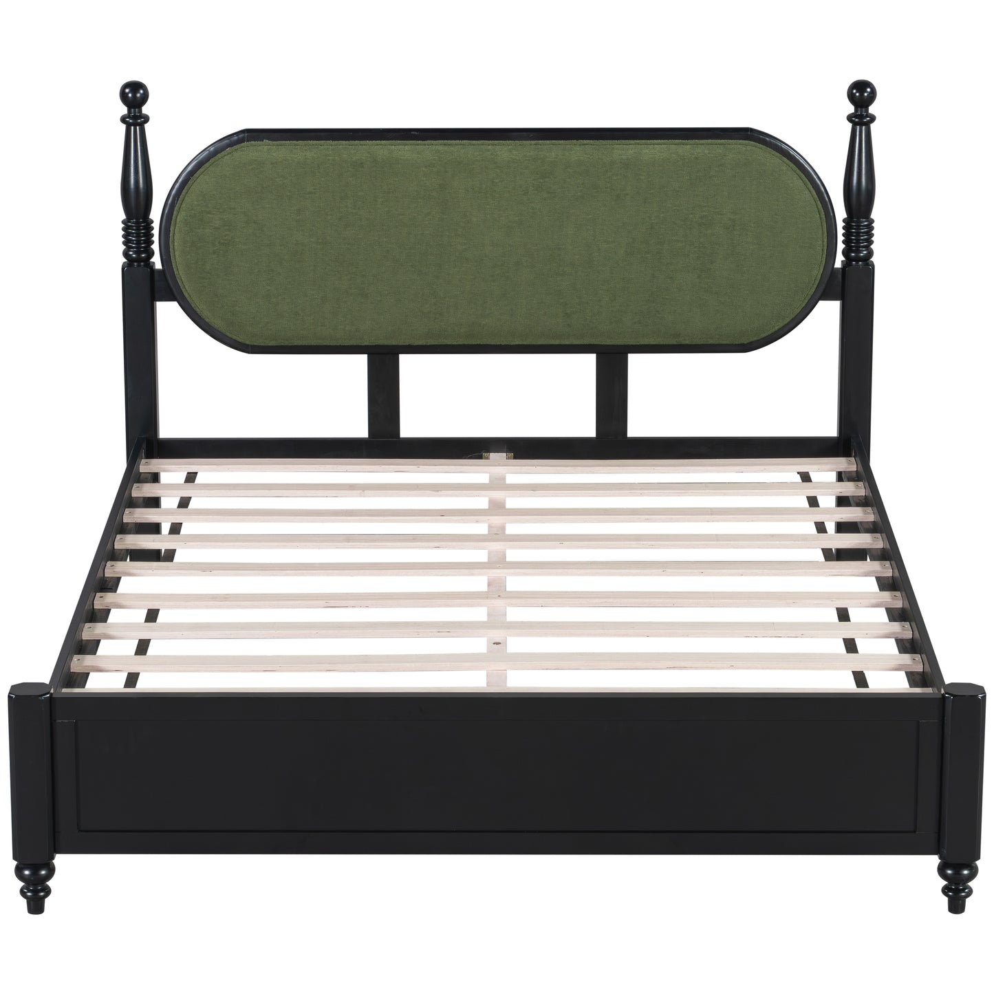 Queen Bed Frame - Solid Wood Platform with Green & Black Upholstered Headboard