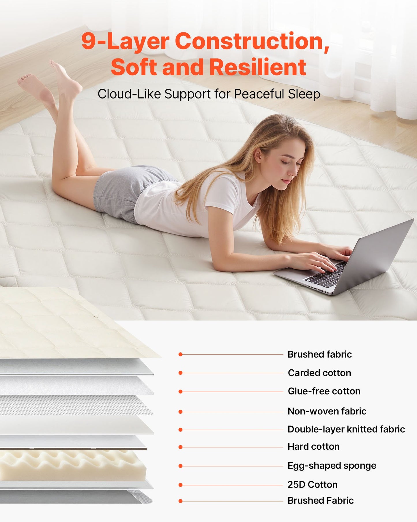 Foldable Japanese Tatami Mattress Queen Size with Storage Bag, 9-Layer Support, White