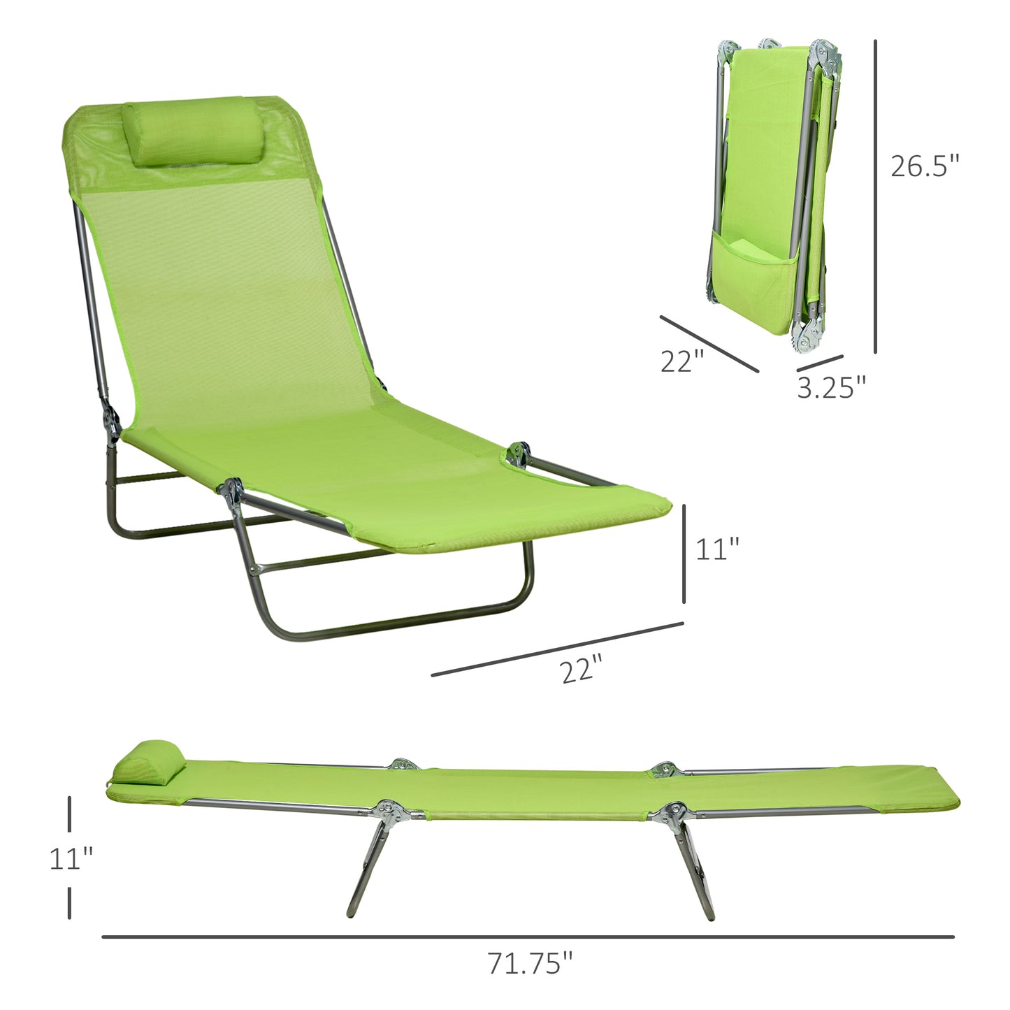 2 Piece Folding Chaise Lounge Chairs Set - Green, Reclining Back