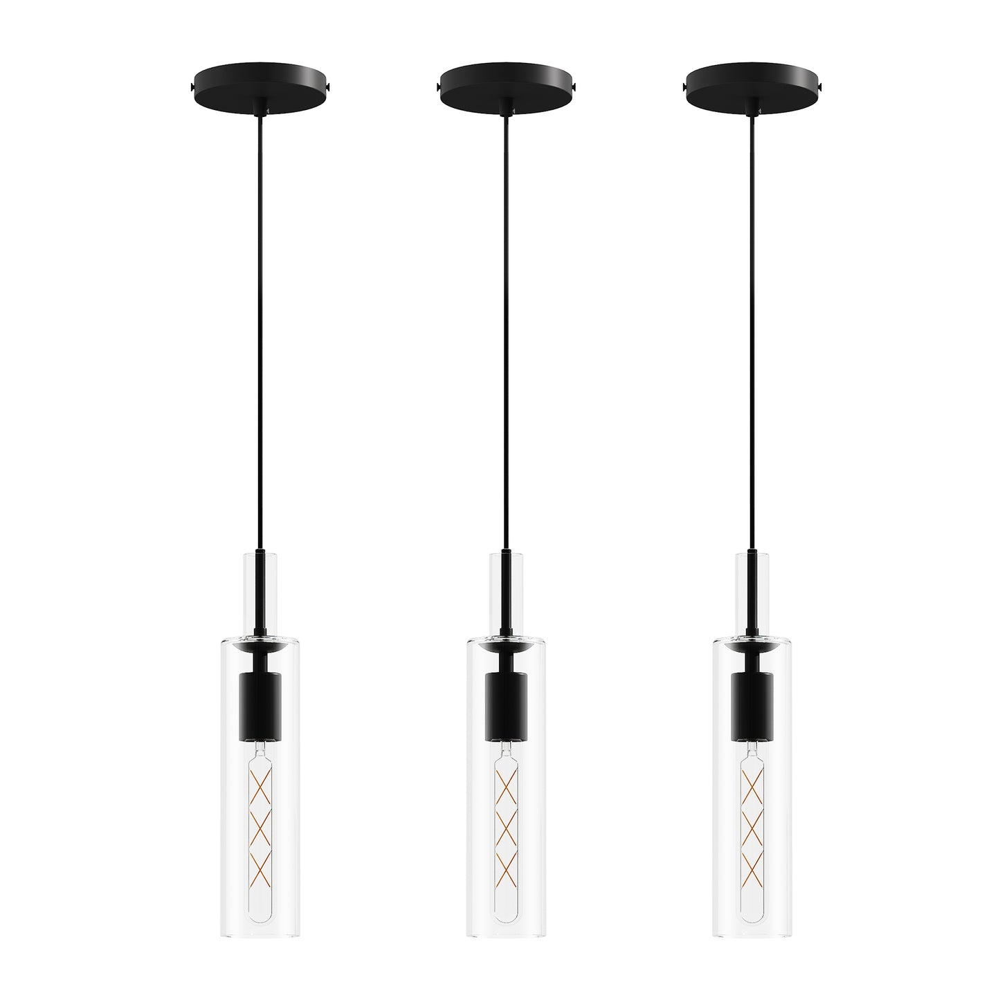 Modern Adjustable Black Glass Pendant Light - 3 Pack