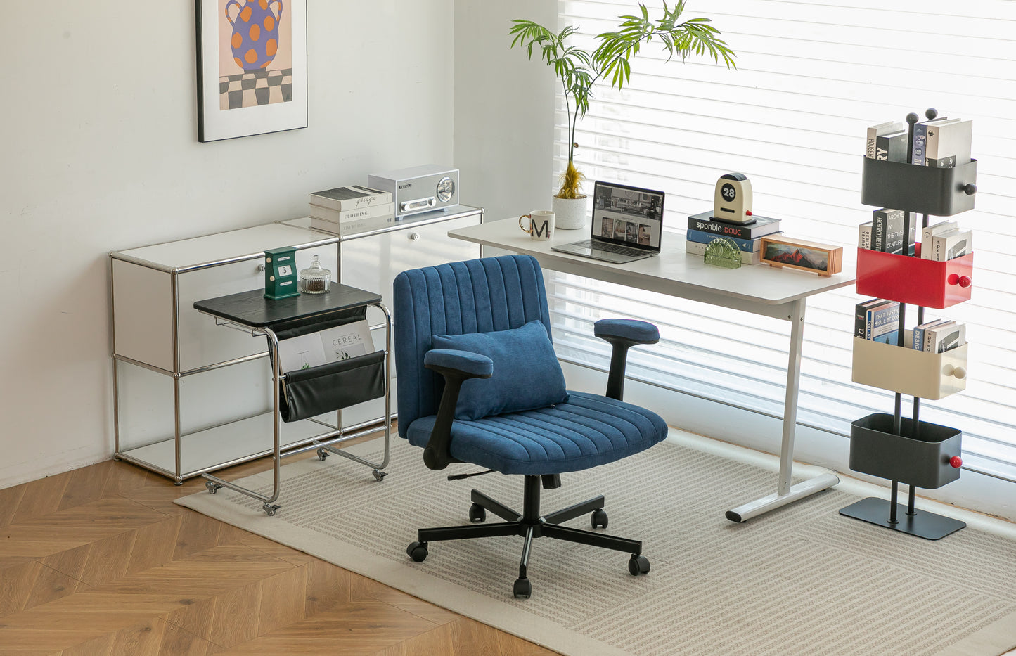 Blue Modern Linen Criss Cross Armrest Office Chair