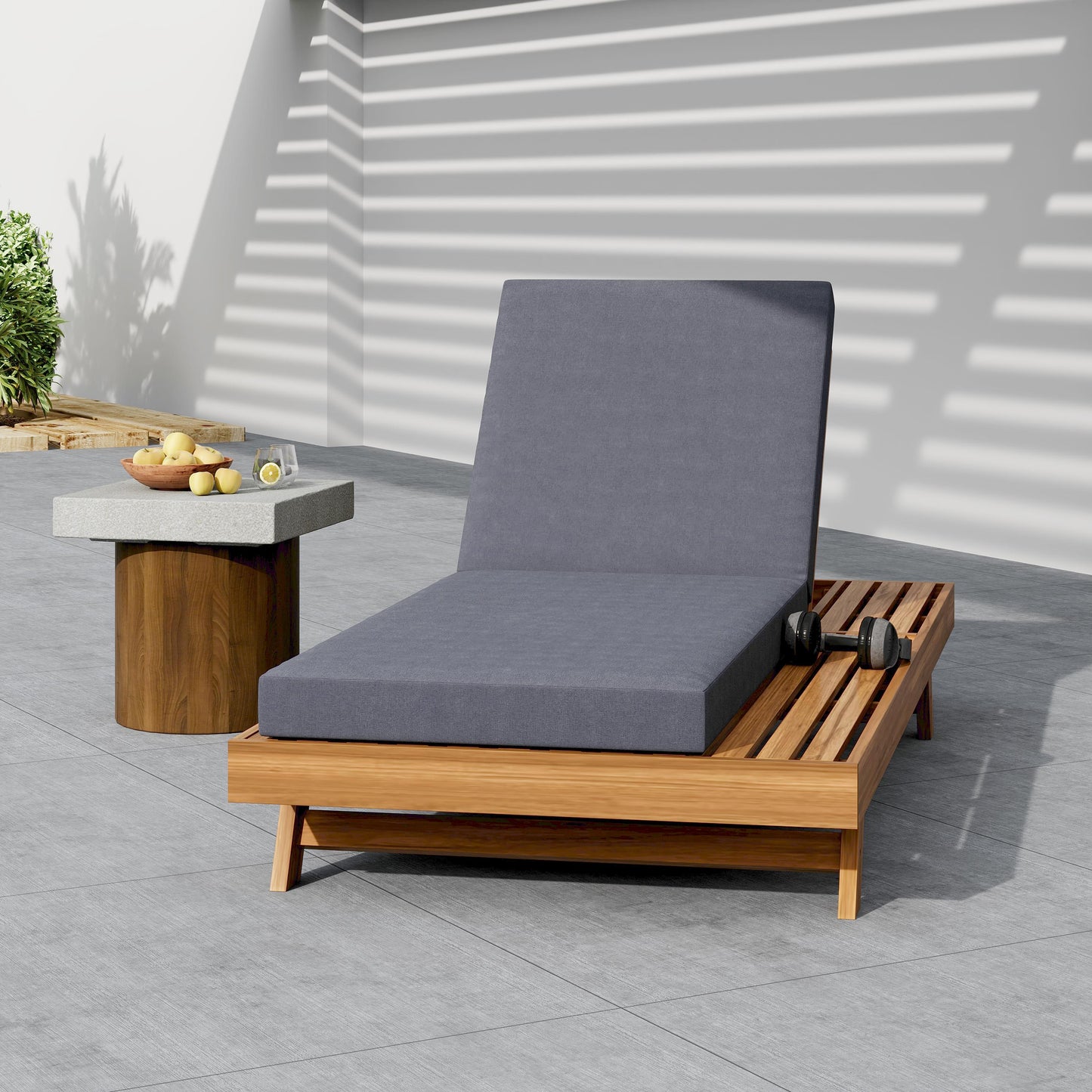 Acacia Wood Lounge Chaise Set with Water-Resistant Cushions - Dark Grey