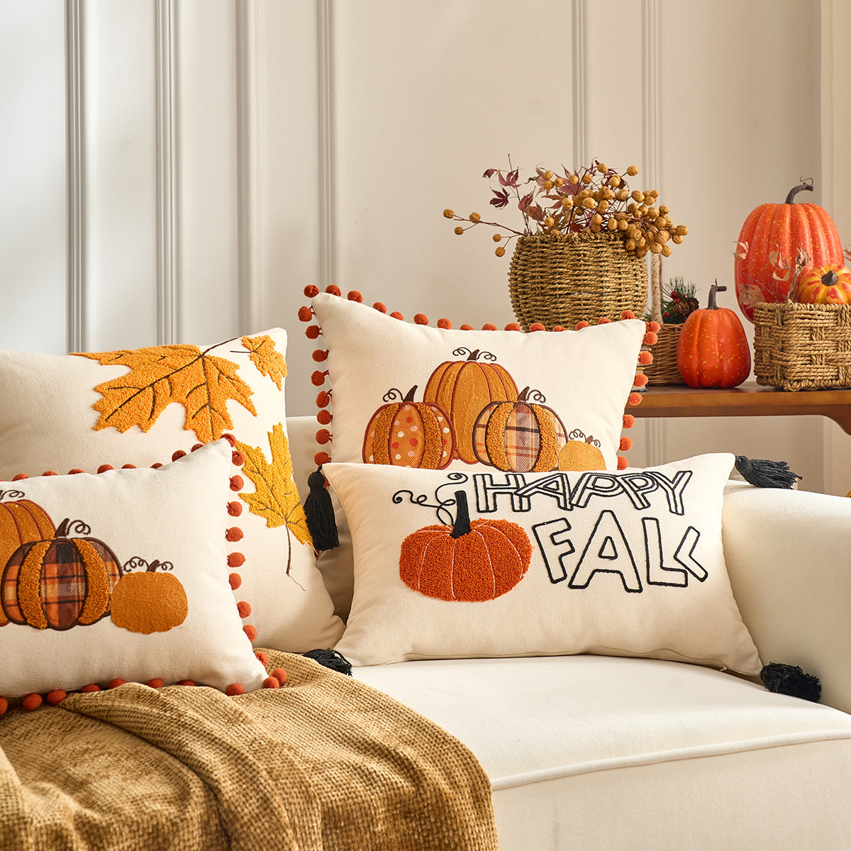 Autumn Maple Leaf Pumpkin Pillow Cover for Sofa & Living Room Decor