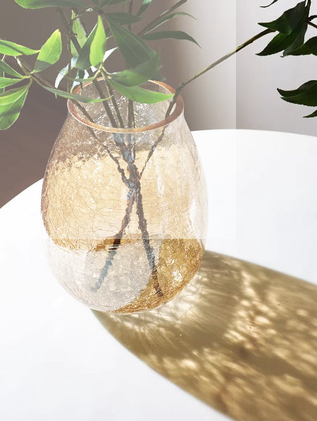 Ice-Crack Glass Vase with Dried Reeds Finish - Rustic Home Decor