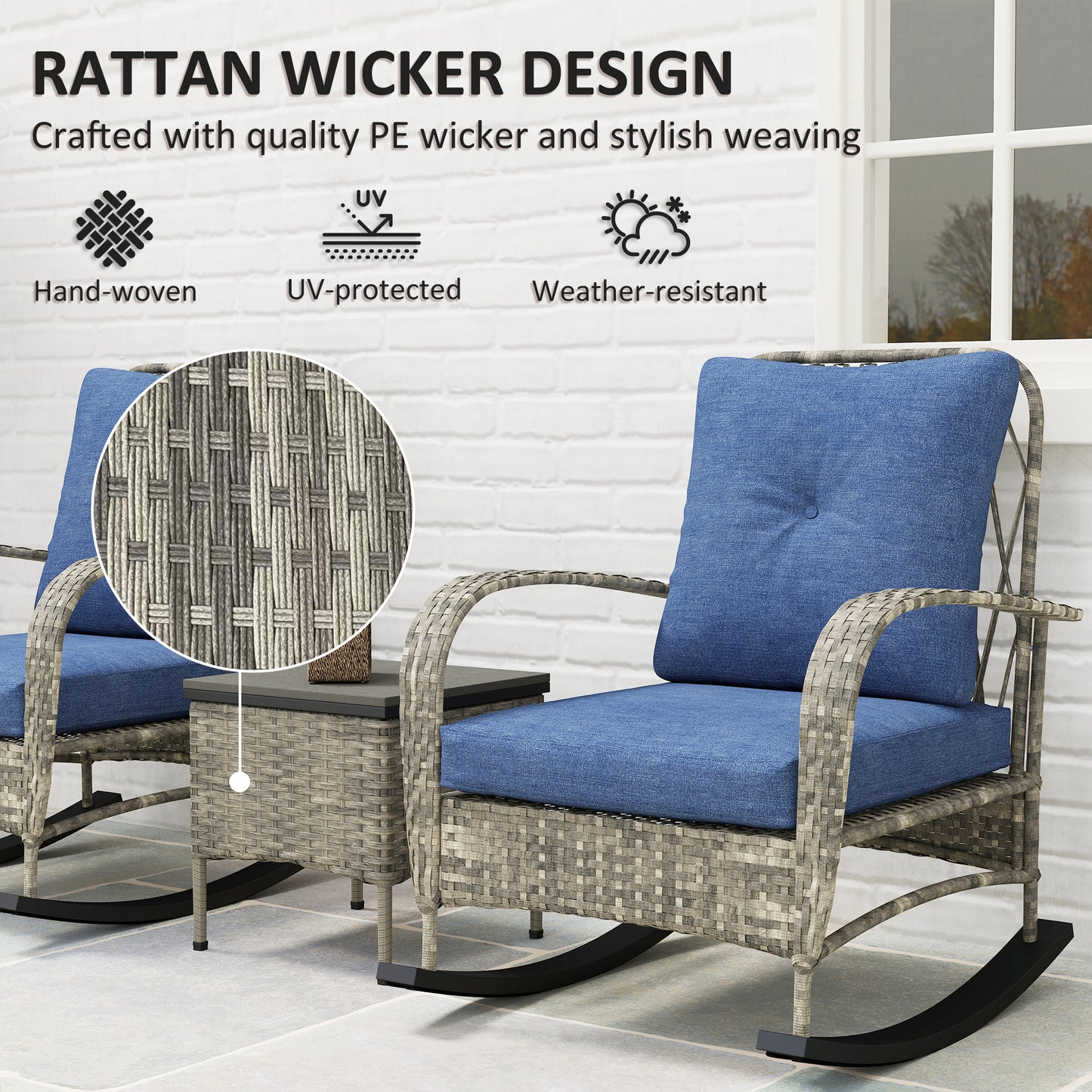 3-Piece Gray Wicker Patio Furniture Set with Rocking Chairs & Table
