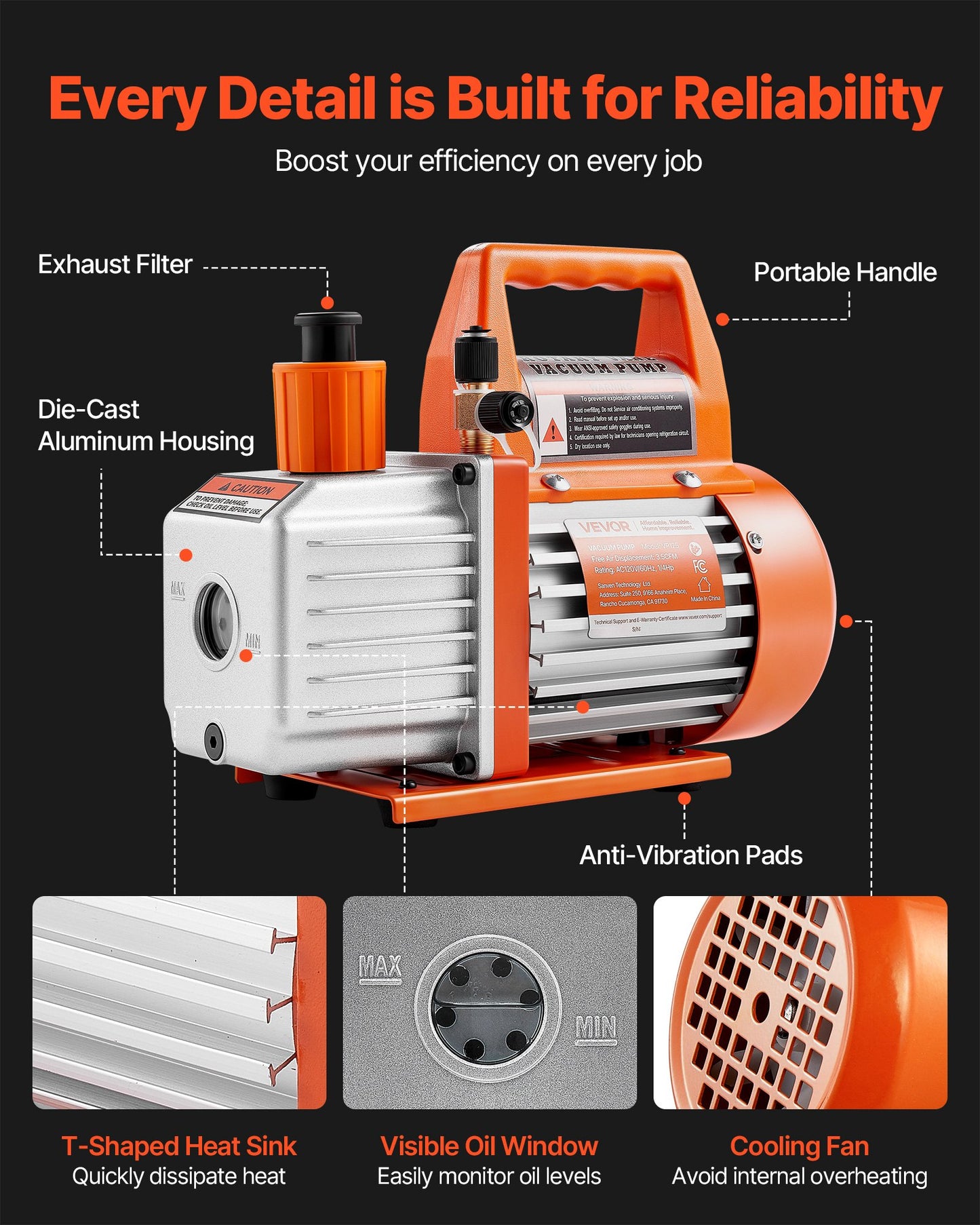 HVAC Vacuum Pump 3.5 CFM Rotary Vane Oil Included - Single Stage Air Conditioner Pump
