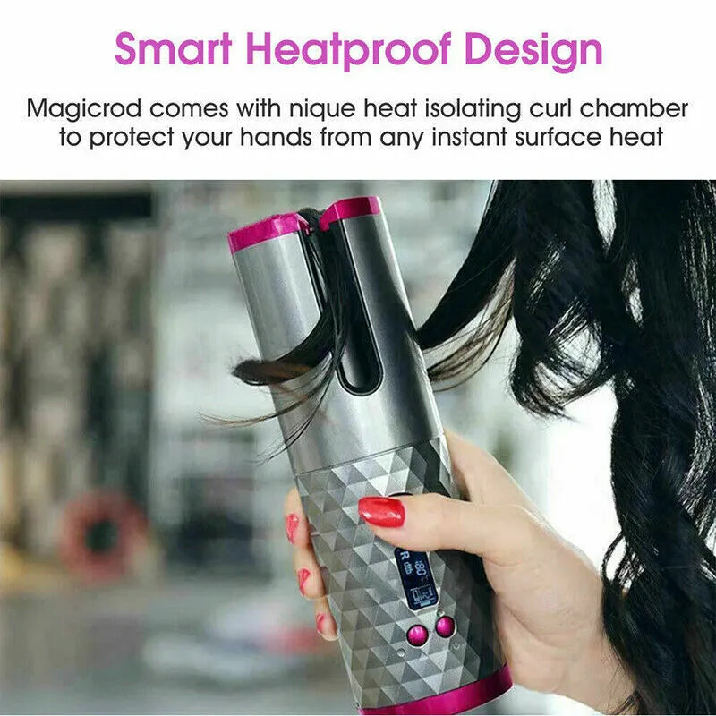 Cordless Auto-Rotating Hair Curler - Ceramic Wireless Curling Iron - Black