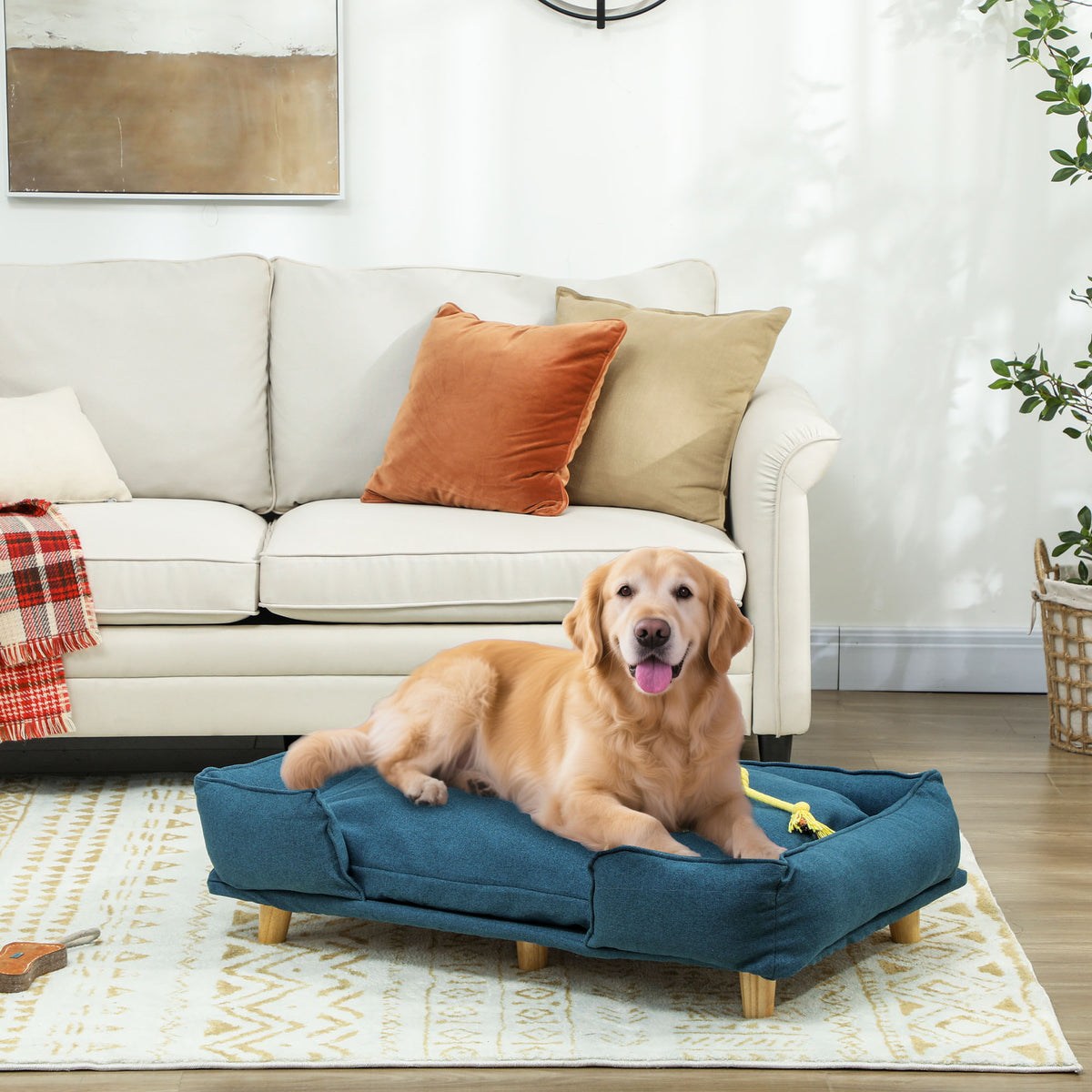 Large Dog Couch Bed with Cushion & Pine Wood Legs - Dark Blue