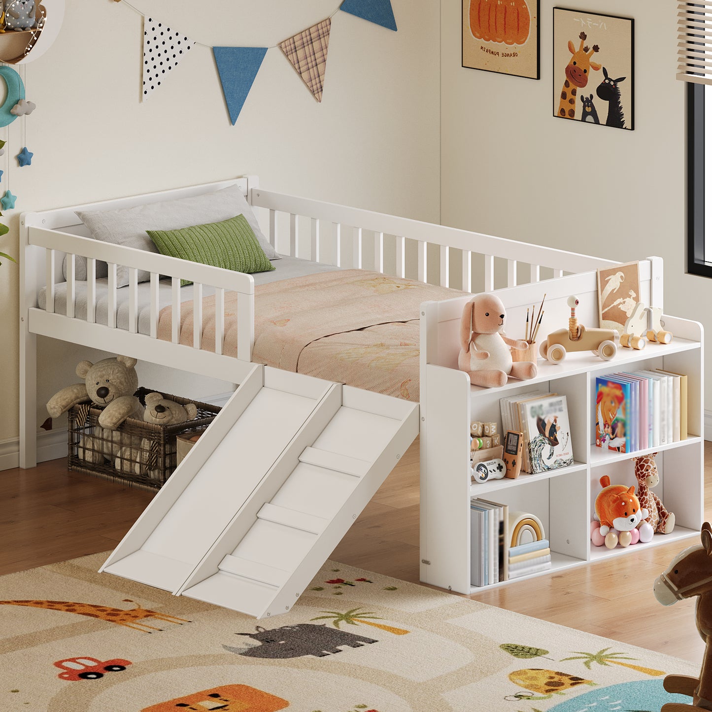 Twin Bed Frame With Storage Shelf, Wooden Slide And Ladder,Platform