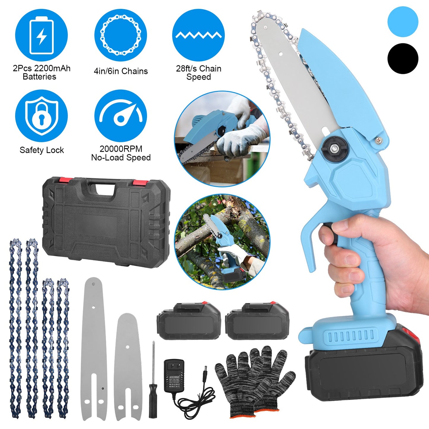 Cordless Mini Chainsaw with 2 Batteries 4in & 6in Chainsaw for Tree Pruning & Wood Cutting