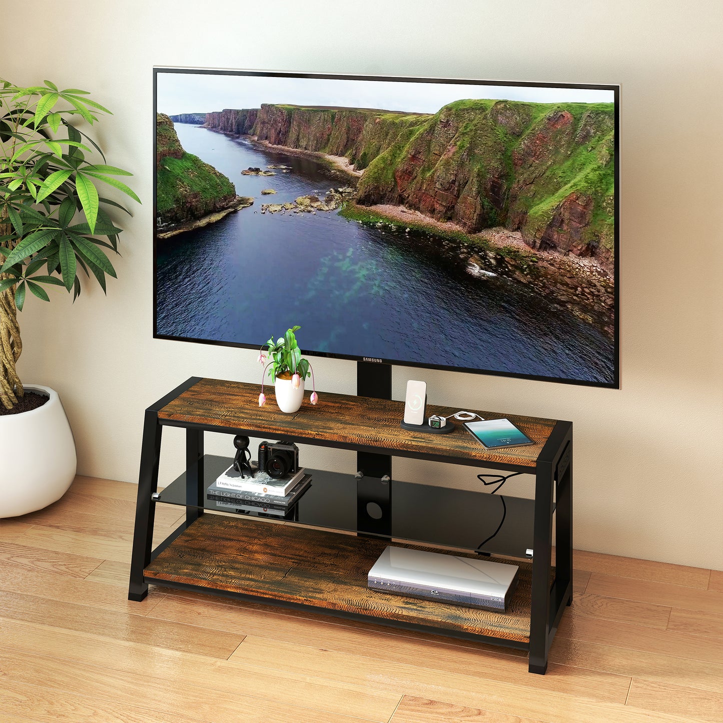 Height Adjustable Wooden TV Stand with Black Tempered Glass - Acacia Wood
