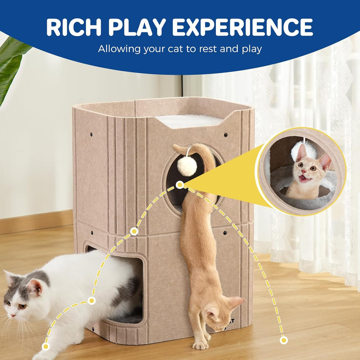 Indoor Felt Cat House with Scratch-Resistant Cube & Hanging Ball - Light Gray