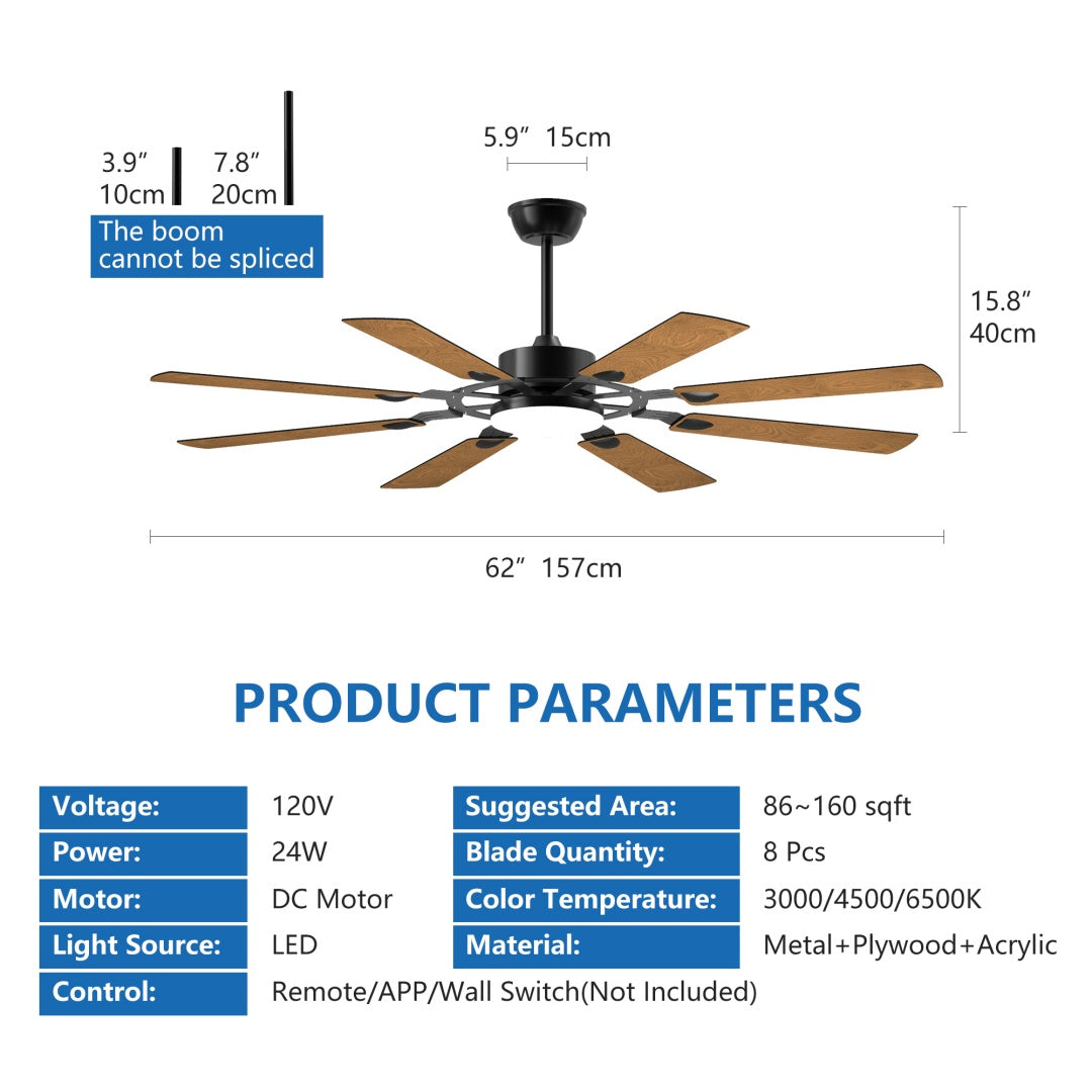 60 Inch Ceiling Fan with Lights and Remote Control - Reversible DC Motor, Black