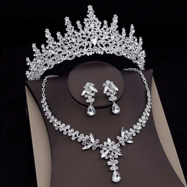 Luxury Bridal Jewelry Set with Tiara Crown Necklace and Earrings - Multiple Colors