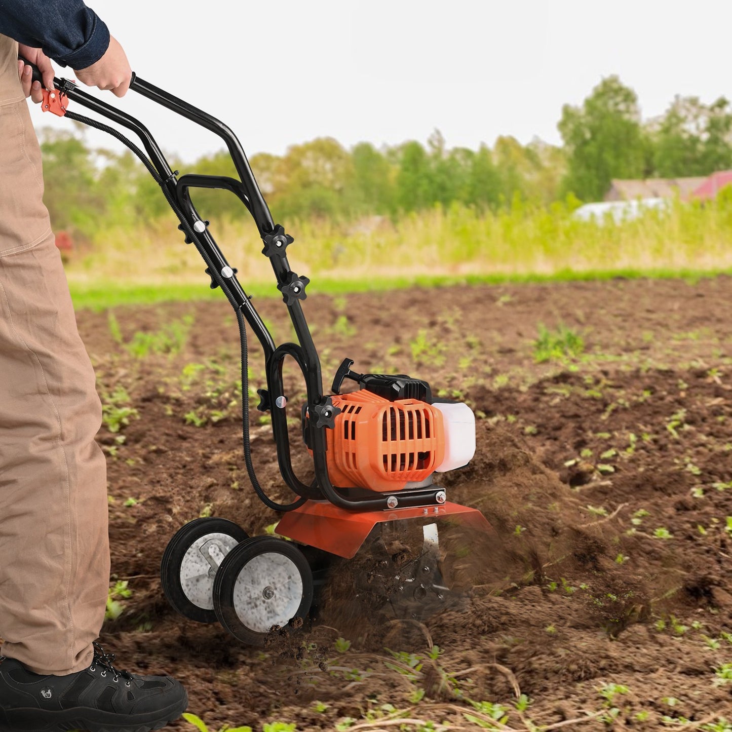 Garden Tiller Cultivator 43CC 2-Stroke with Adjustable Tines, Orange