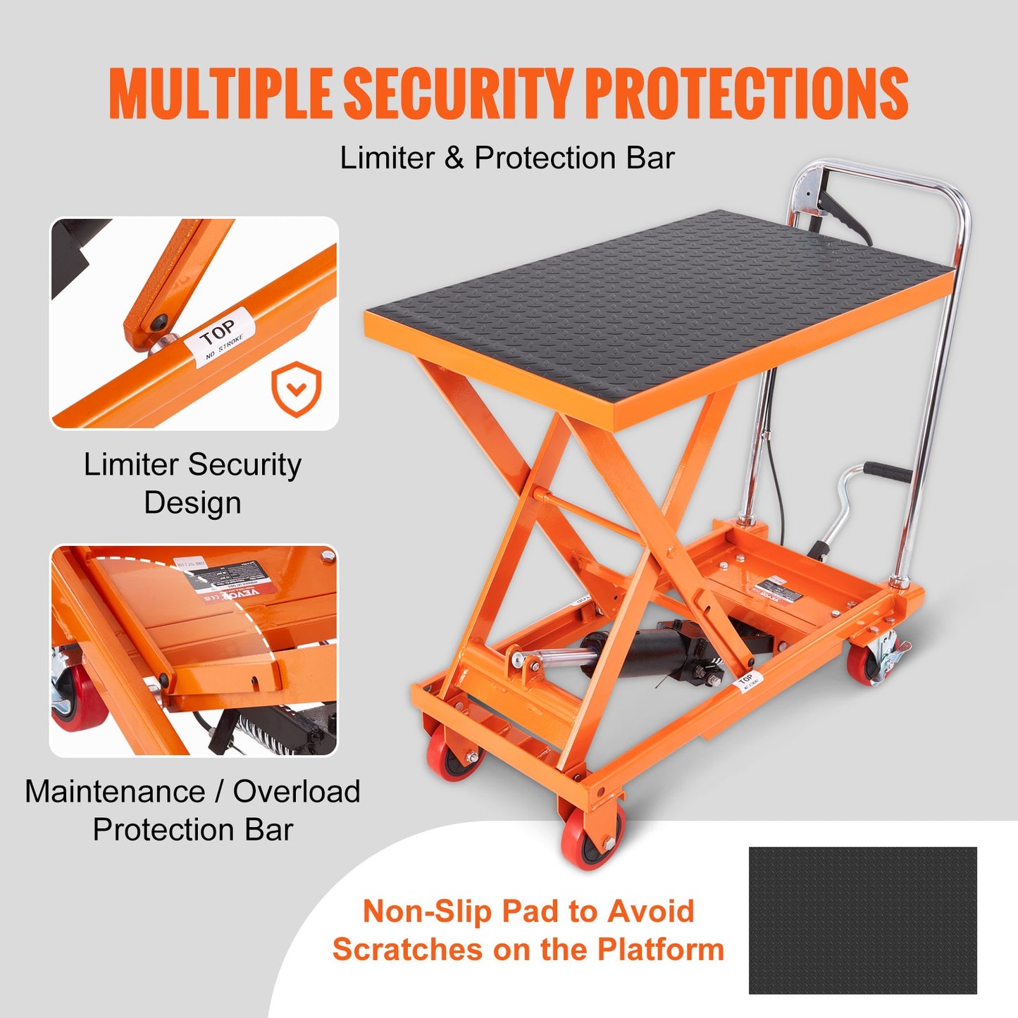 Hydraulic Lift Table Cart 500lb Capacity with Wheels & Non-Slip Pad - Orange