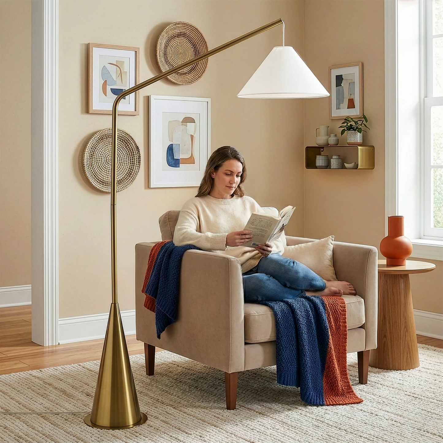 Lisbon Black Floor Lamp With On Off Coned Base Hanging White Fabric