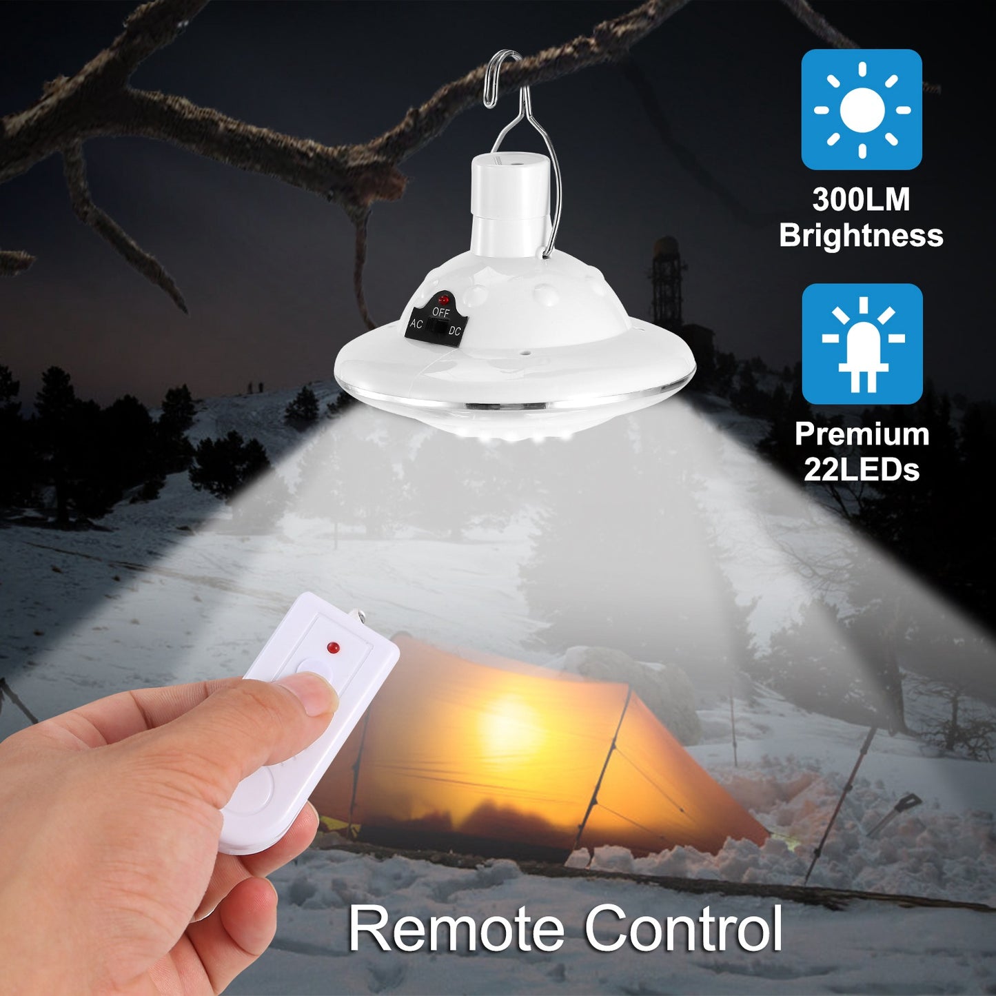 Solar Camping Lantern with Remote - Waterproof 3 Light Modes, Rechargeable Battery