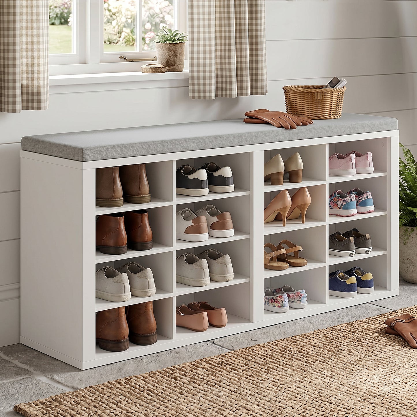 Shoe Storage Bench With Cushion 16 Cubby Rack Multifunctional