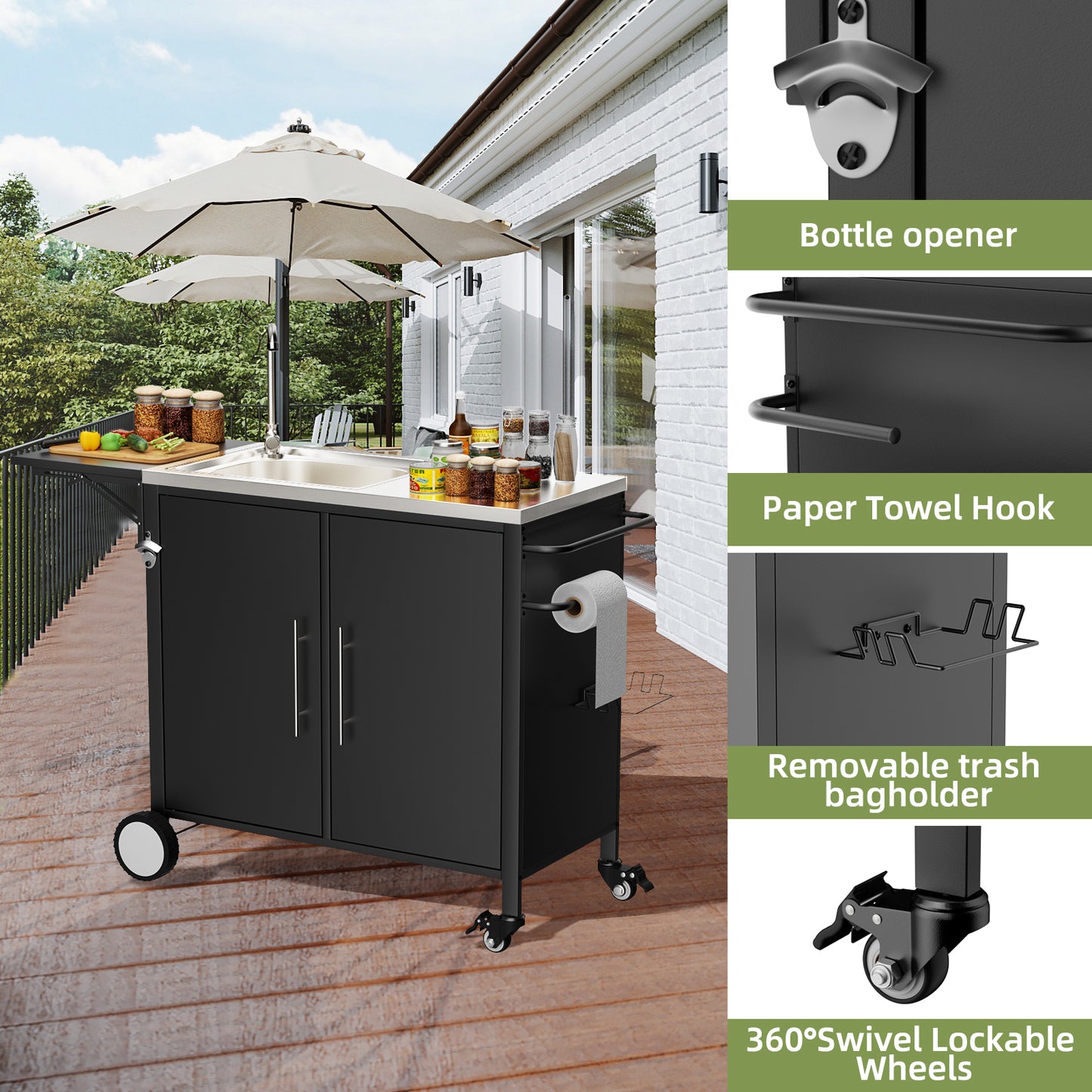 Outdoor Grill Table with Sink and Storage Cart - Metal Worktable for Garden & Backyard