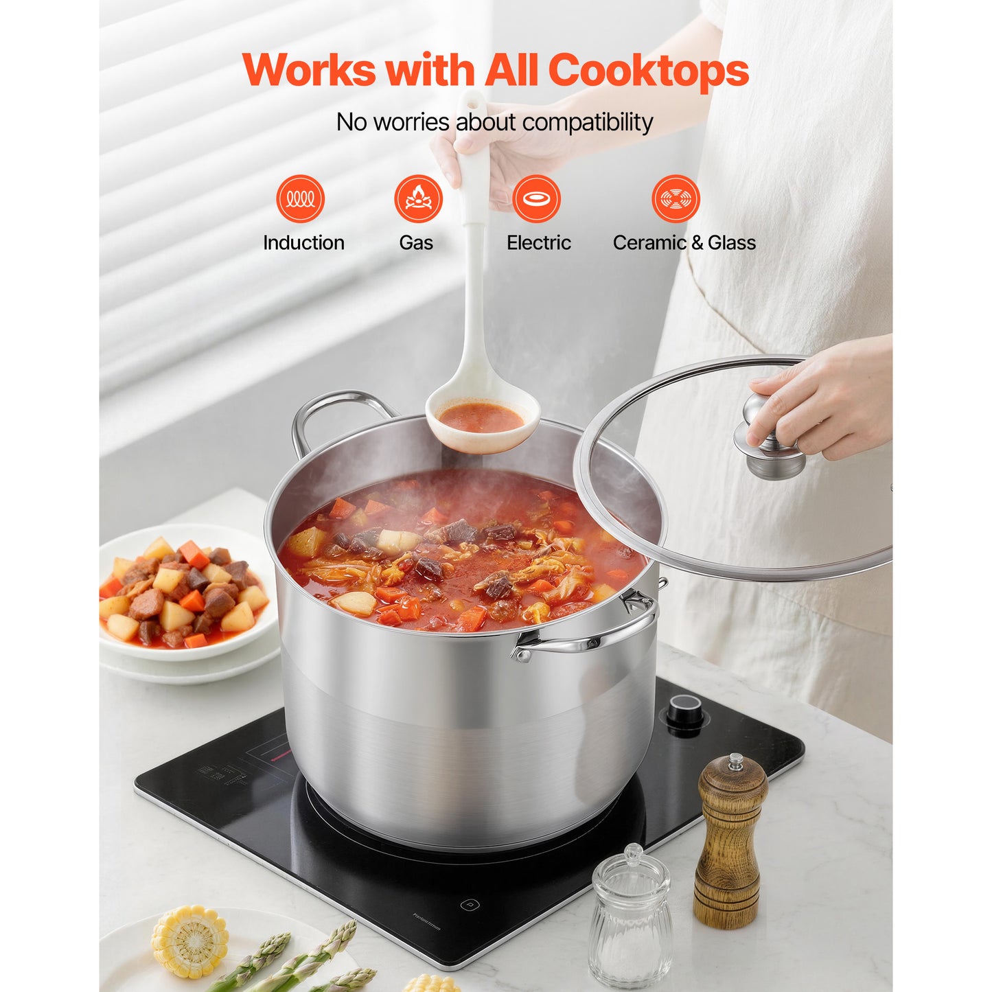 16-Quart Stainless Steel Stock Pot with Glass Lid - PFOA & PFAS-Free, Compatible with Gas & Induction Stoves for Soups, Stews, Pasta