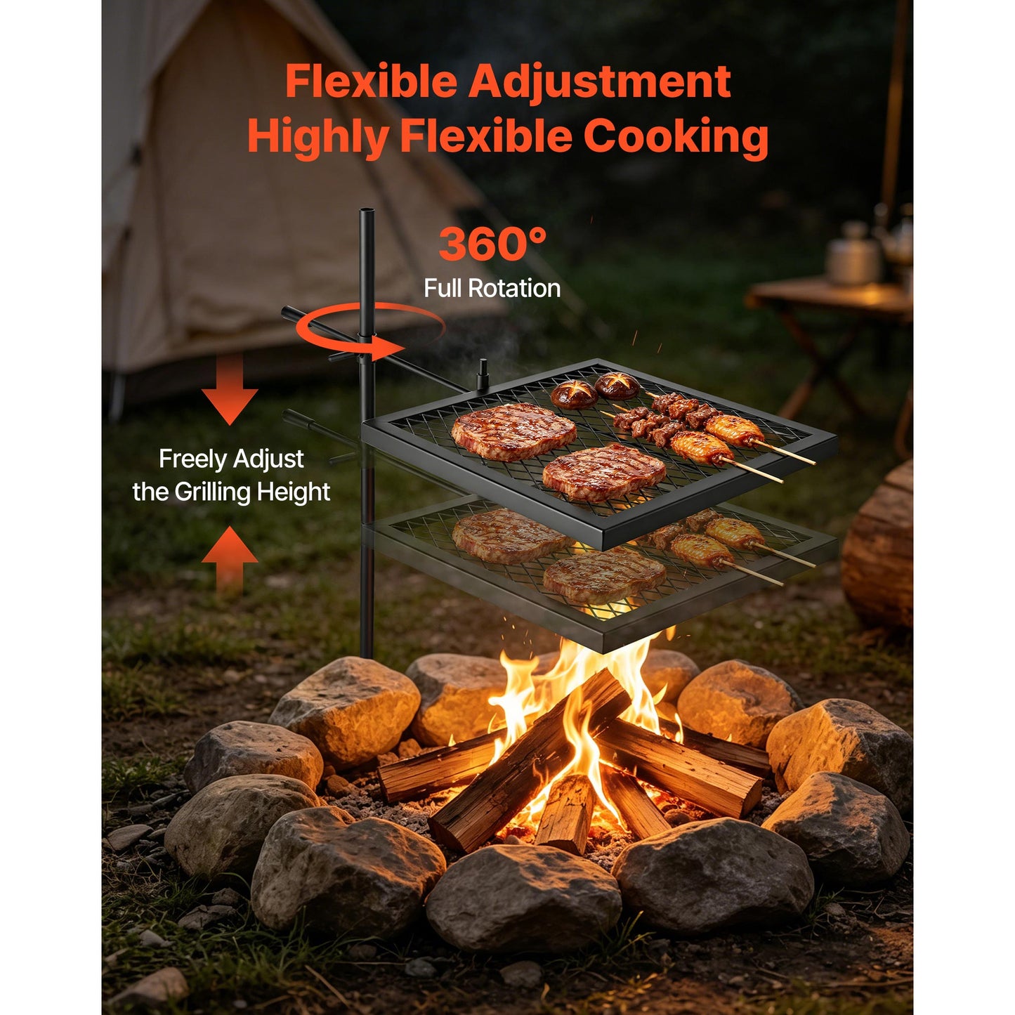 Heavy Duty Swivel Campfire Grill - 16-Inch Portable BBQ Grate with Adjustable Height & Carrying Bag