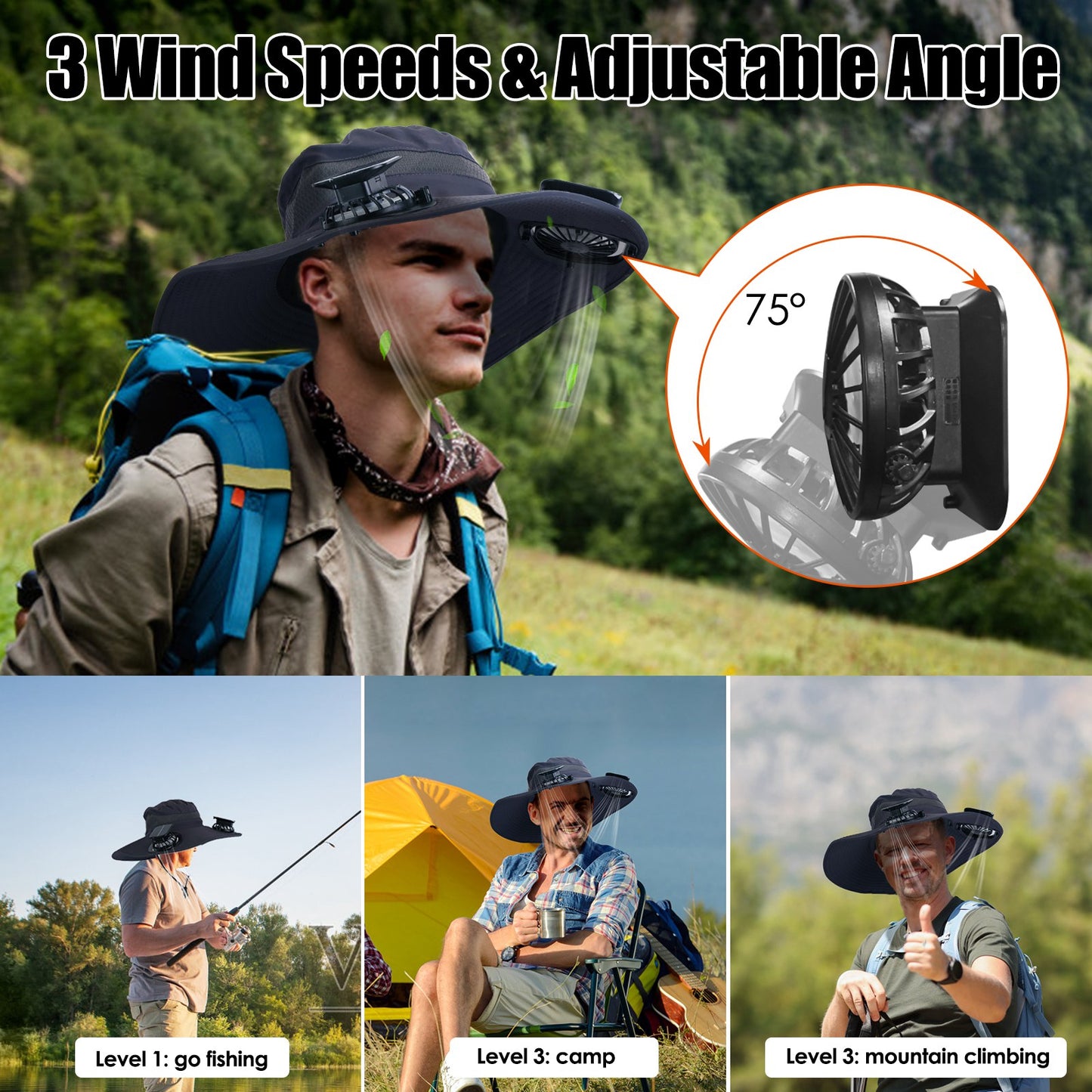 Outdoor Wide Brim Sun Hat with Rechargeable Fans - UPF50 Waterproof Mesh Hat for Hiking Camping Fishing
