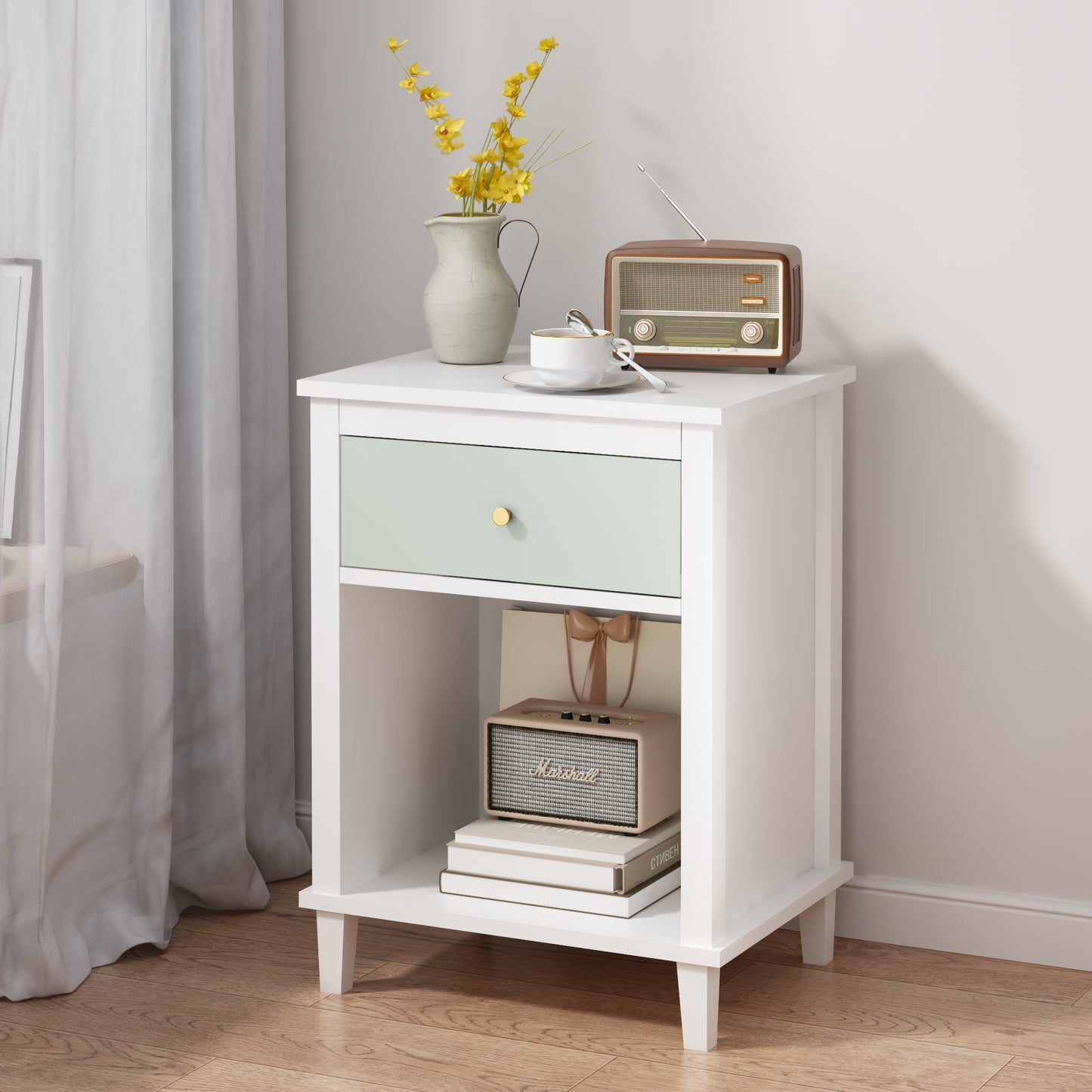 Wooden Nightstand with Drawer and Shelf - White & Green