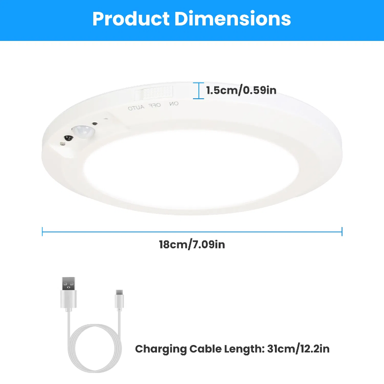 Rechargeable Magnetic Ceiling Light with Motion Sensor and Remote Control — Dimmable, 3 Color Temperatures