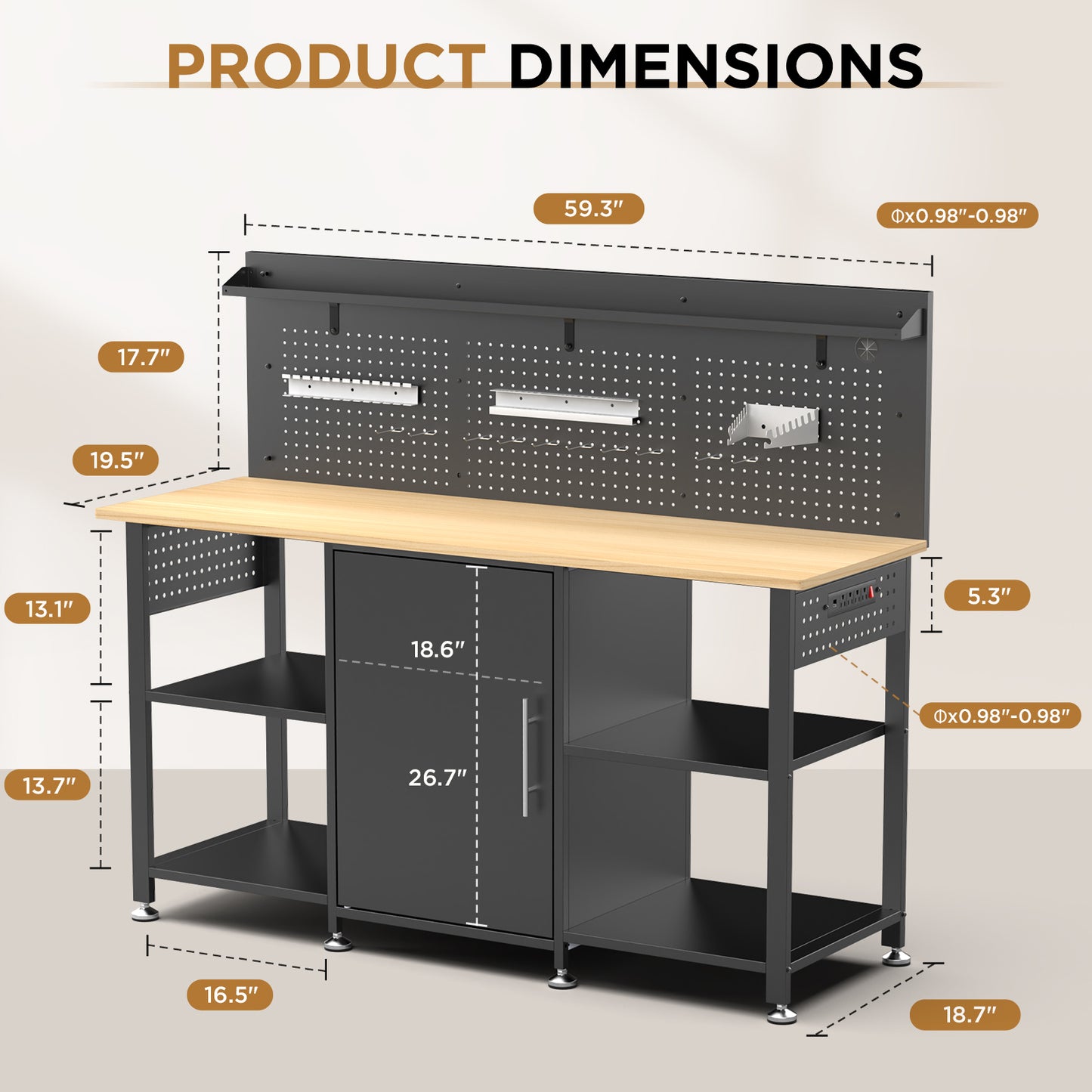 Heavy Duty Workbench with Storage Cabinet and Pegboard - 60 Inch Garage Table