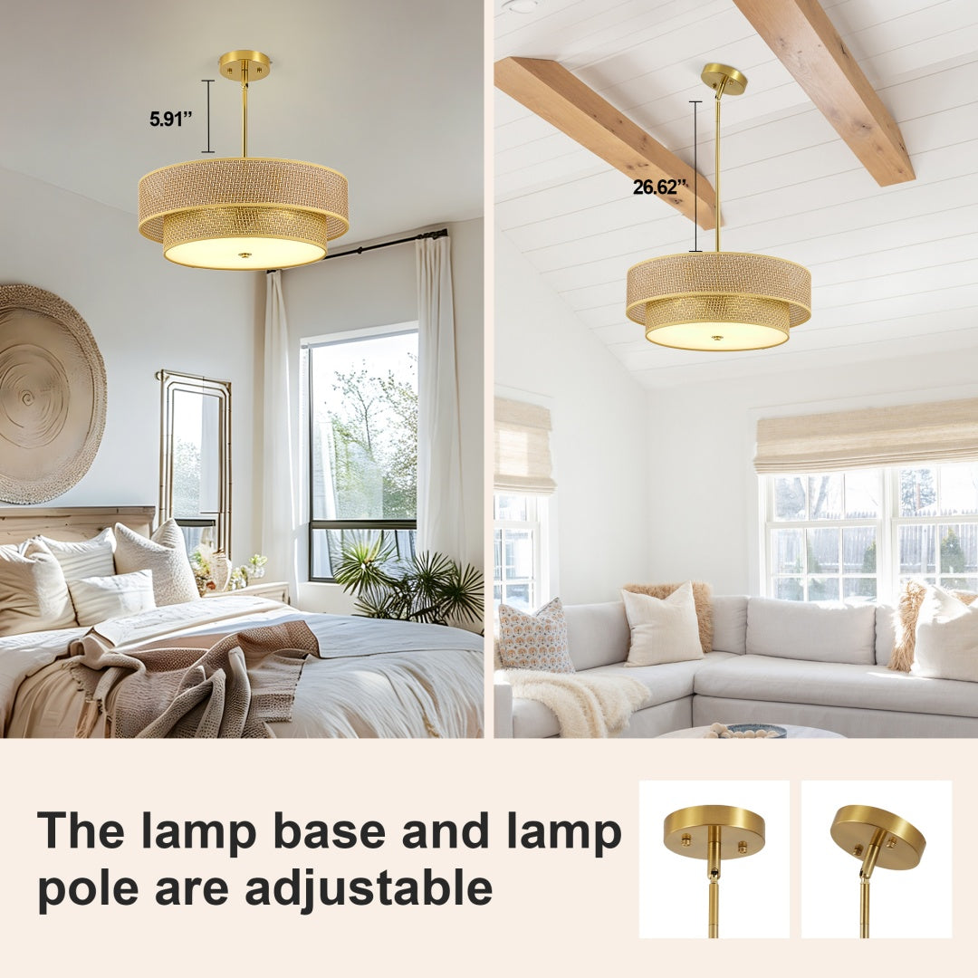 Woven Rattan & Linen Ceiling Light Fixture - Semi Flush Mount for Bedrooms & Kitchen
