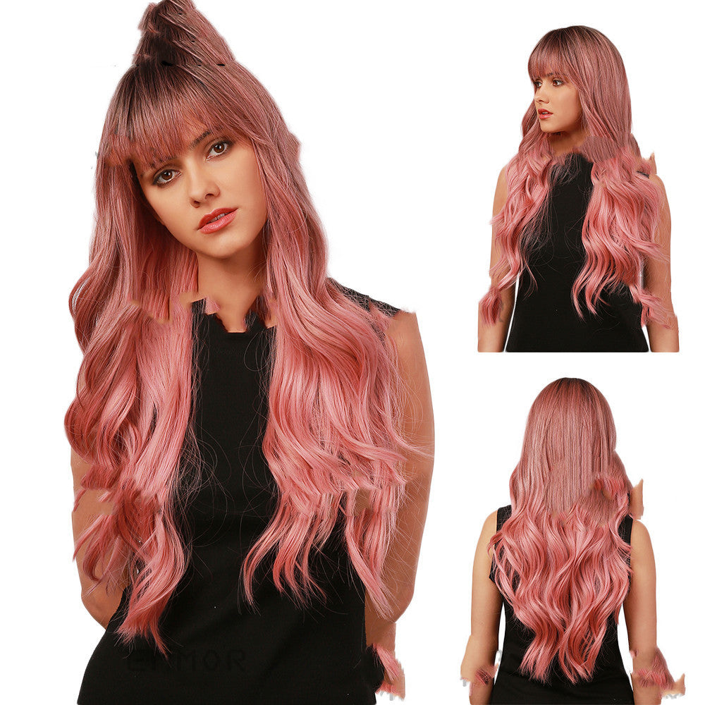 Long Curly Wig with Bangs - Gradient Pink Anime Hair Headgear for Cosplay & Daily Wear
