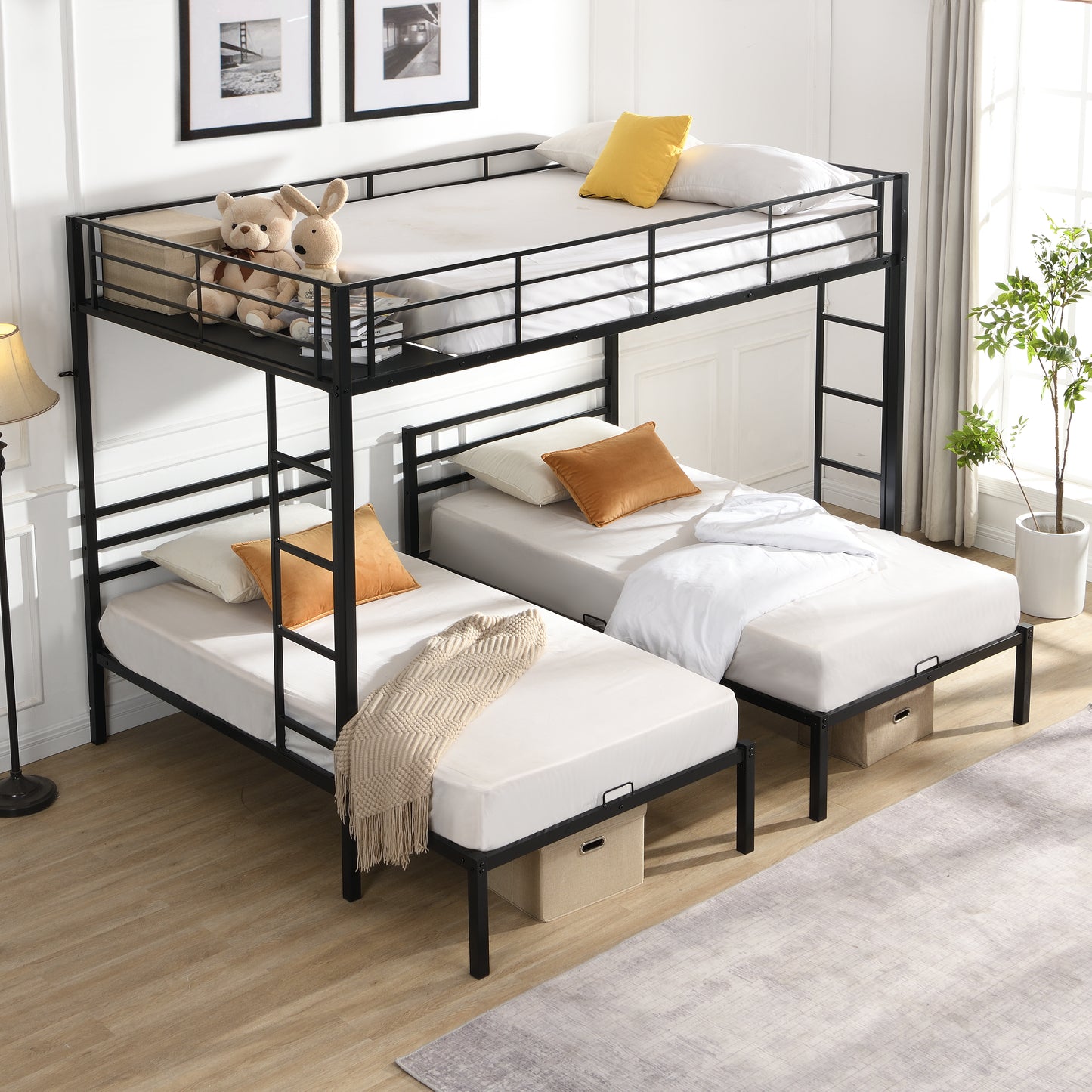 Full Over Twin Metal Triple Bunk Bed with Safety Rail - Black