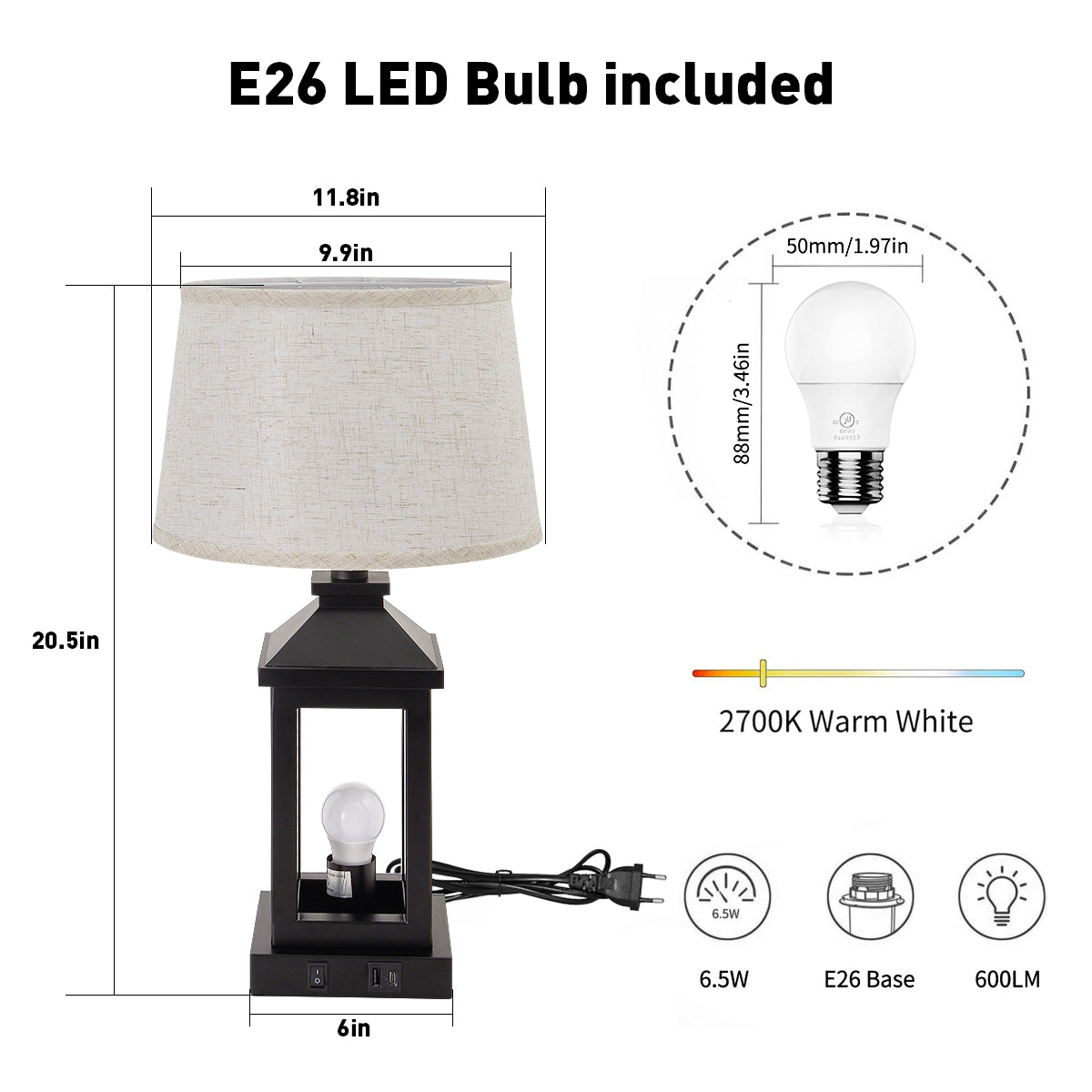Dimmable Black Farmhouse Bedside Table Lamp with USB Ports