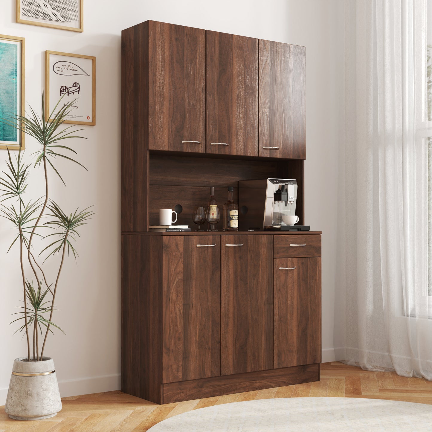 70.87" Tall Walnut Wardrobe & Kitchen Cabinet with 6 Doors, 1 Drawer & Open Shelf