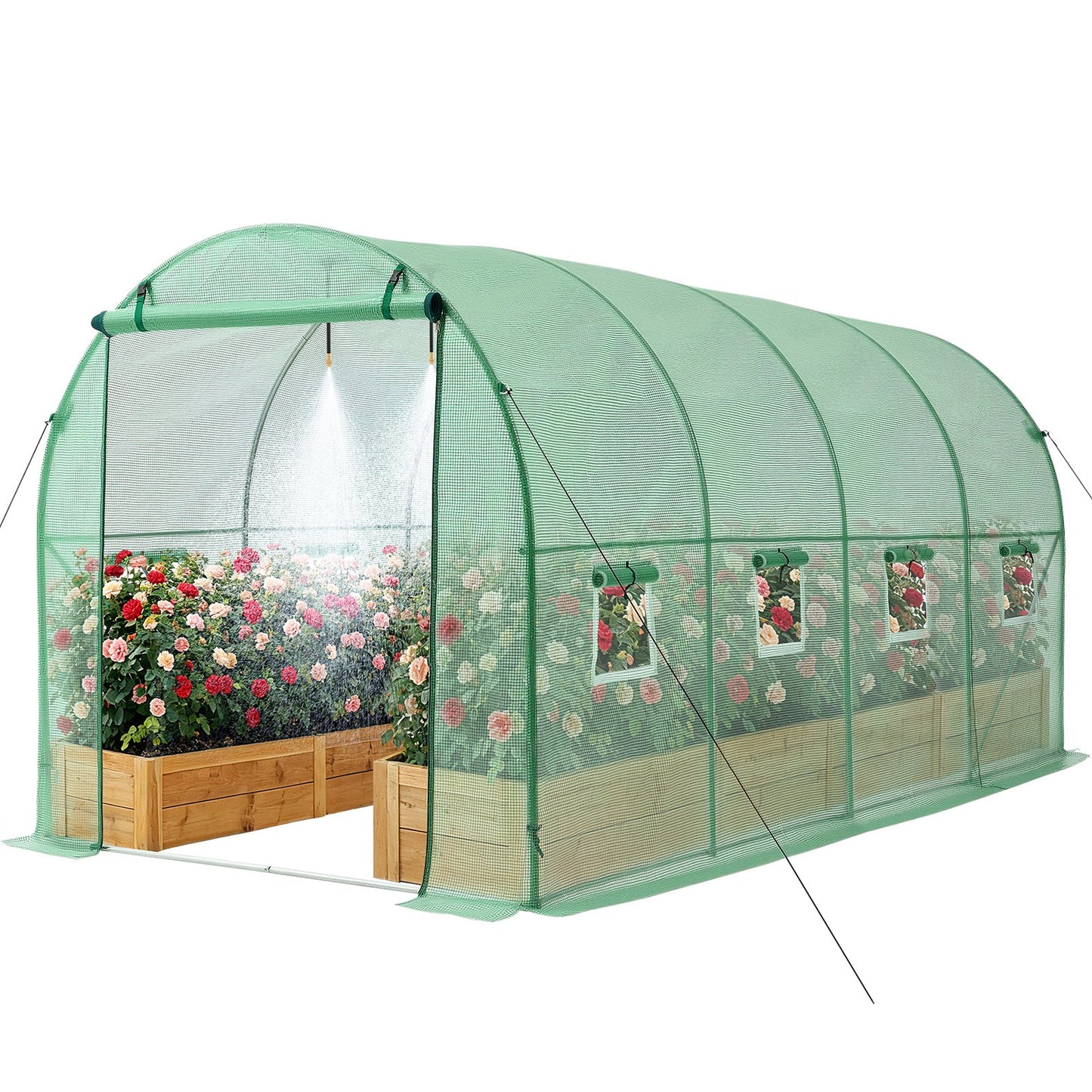 Walk-In Tunnel Greenhouse 15x7x7 ft Steel Frame PE Cover Watering System Roll-Up Door