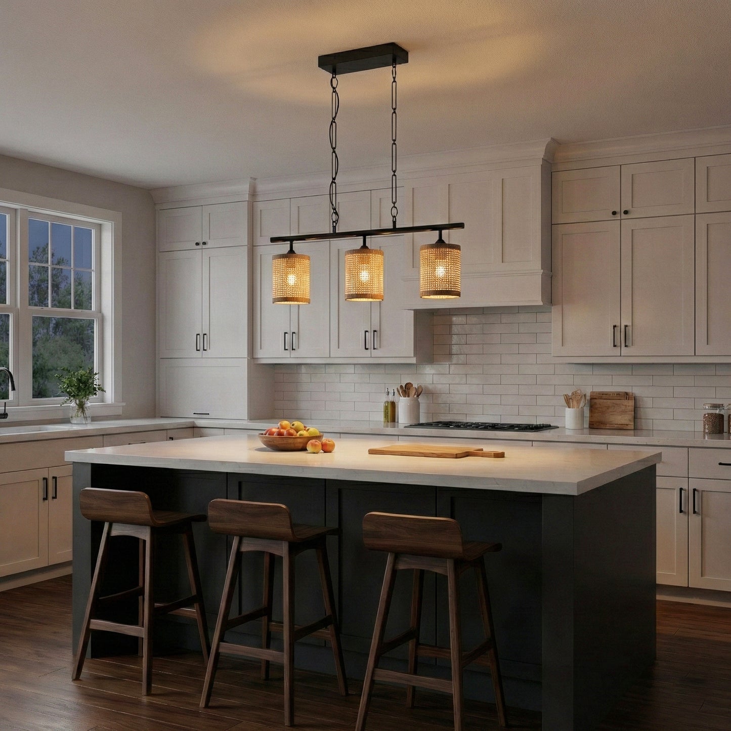 Elysian Three Lights Island With Natural Rattan Shade Farmhouse Chain
