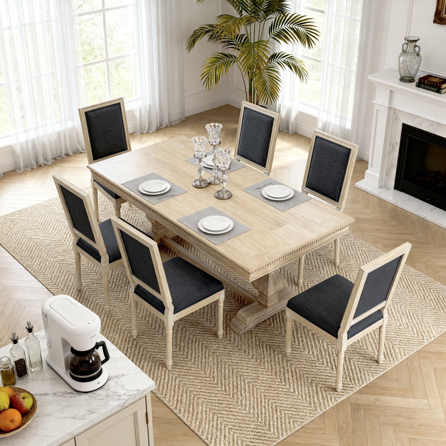 French Country Dining Chairs Set of 2 - Upholstered Grey