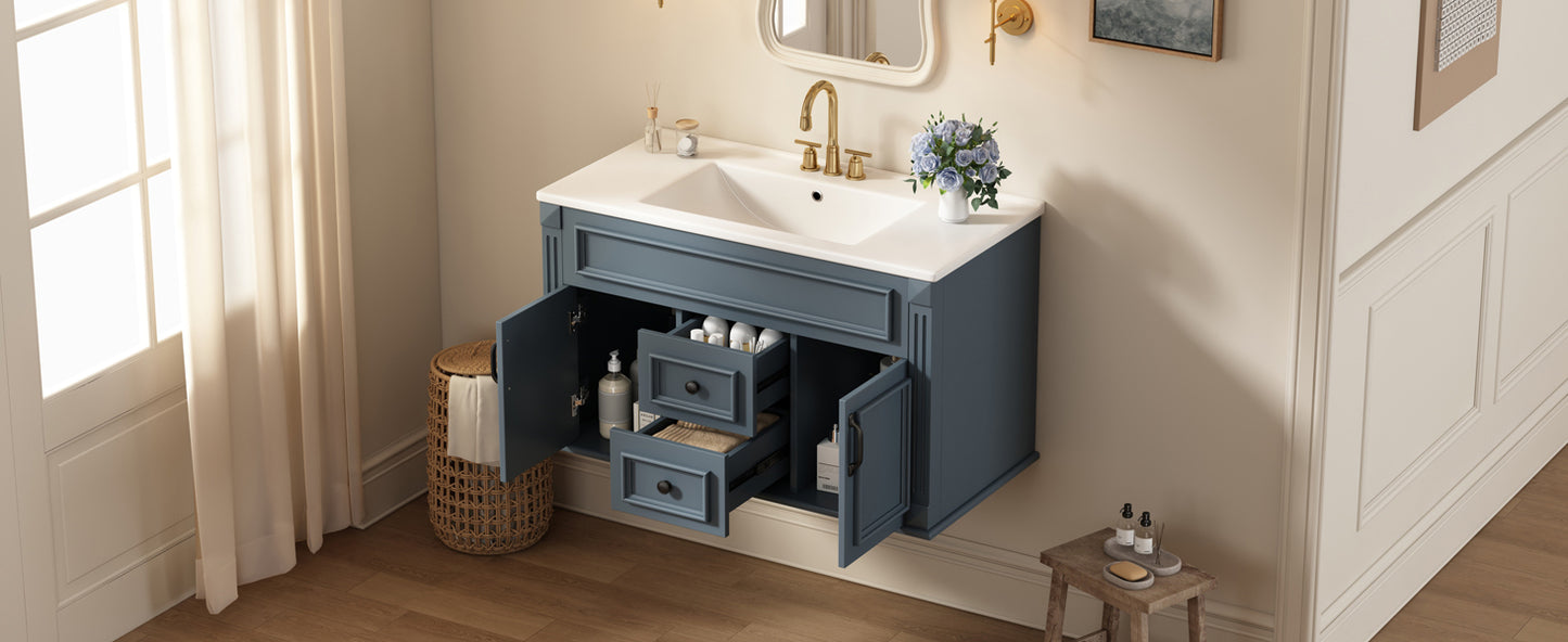 36-Inch Wall Mounted Bathroom Vanity with Ceramic Sink - Blue
