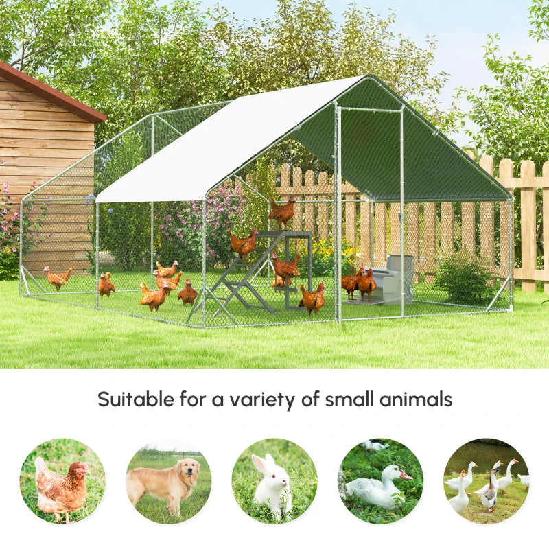 Large Metal Chicken Coop with Waterproof Cover - Walk-In Yard Fence, Silver