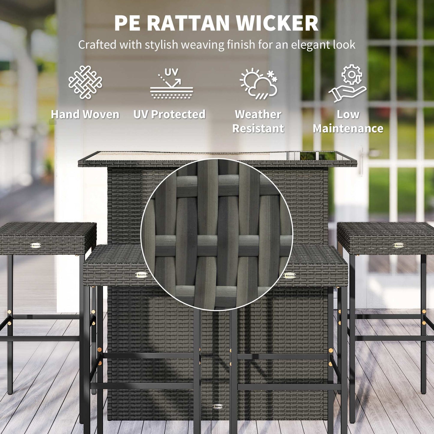 5-Piece Outdoor Rattan Bar Set with High Top Table & 4 Stools