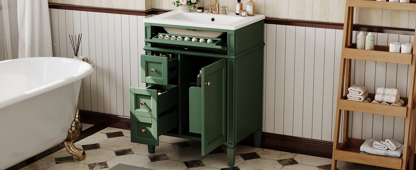 24'' Green Bathroom Vanity with Ceramic Sink & Storage Drawers